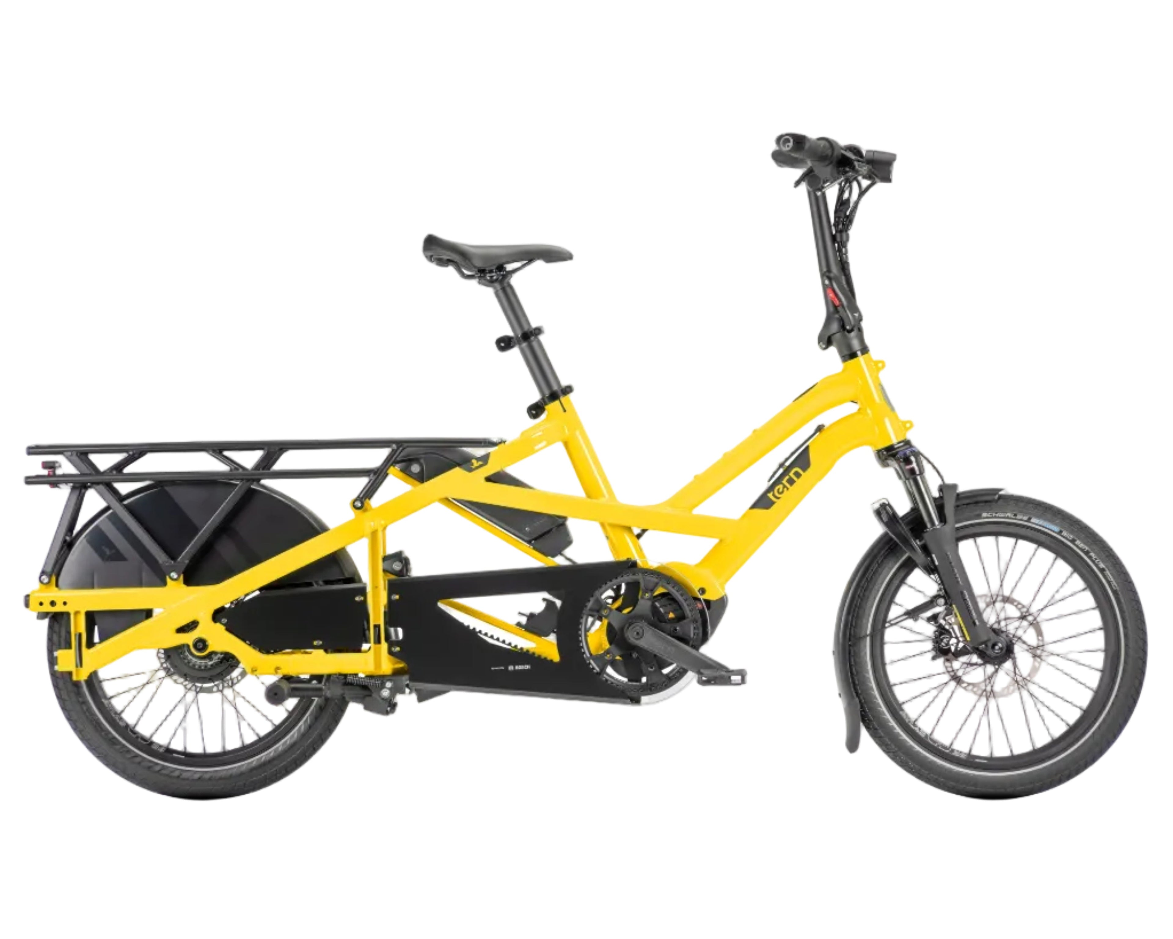 Yellow and black cargo electric bicycle on a white background
