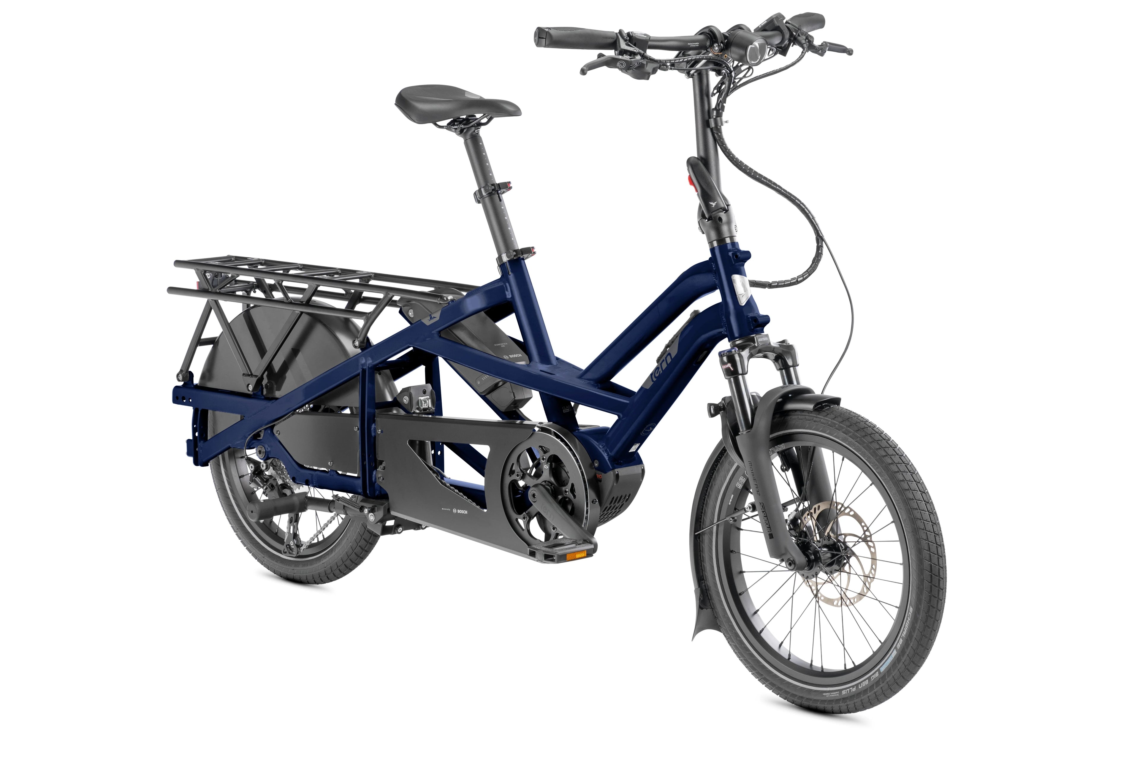 Blue electric cargo bike with a basket on a white background