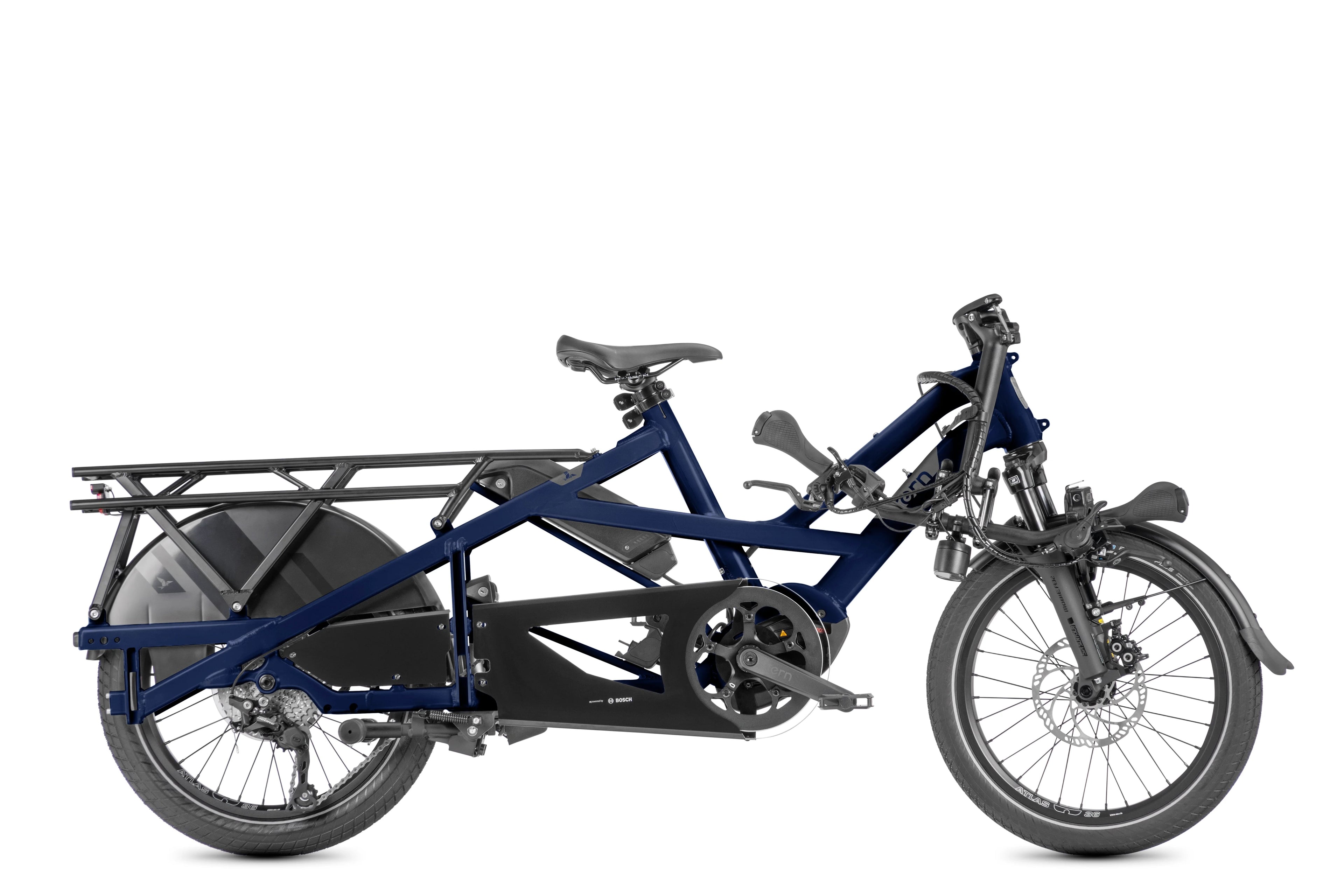Black cargo bike with a large rear rack on a white background