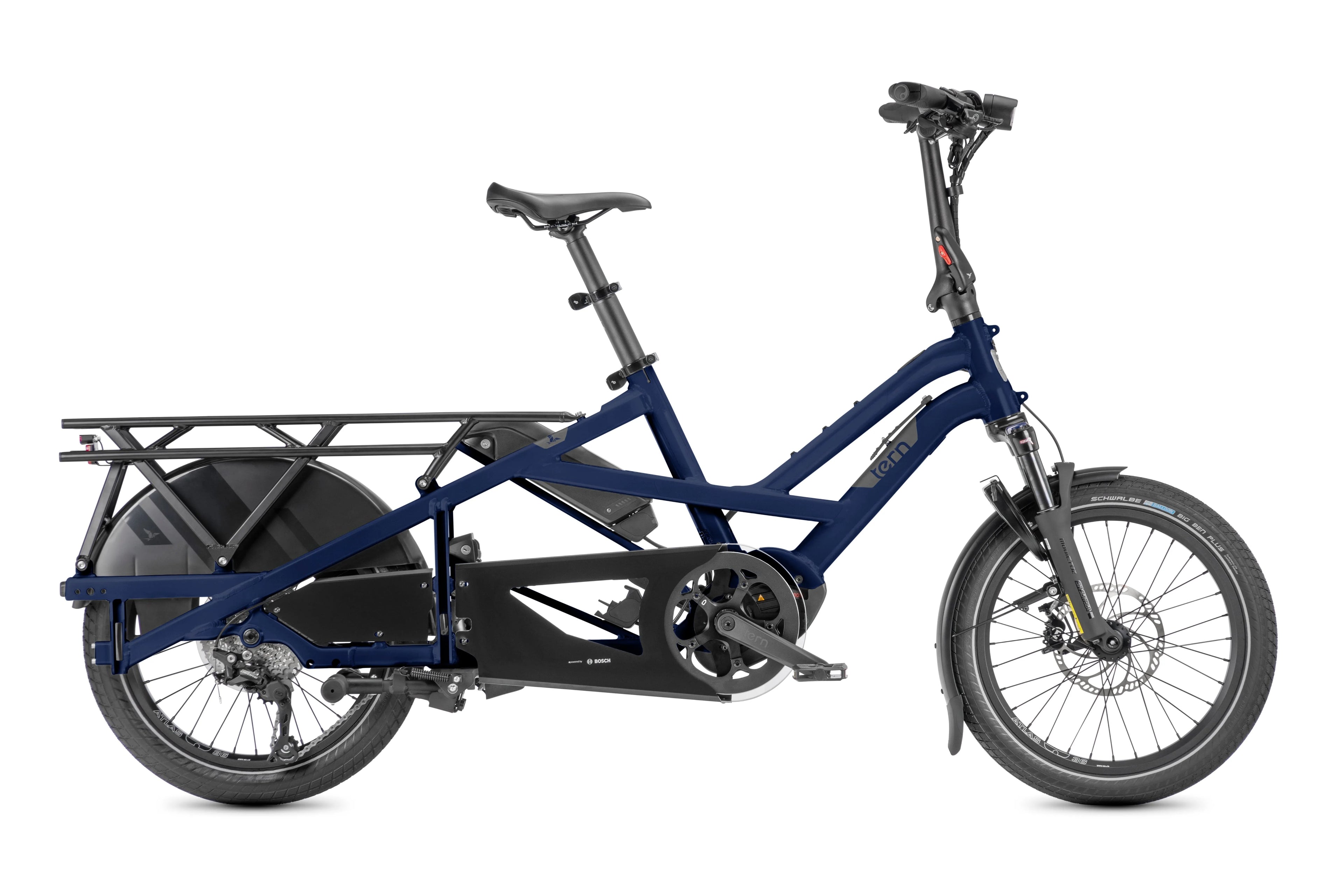 Blue cargo bike with a black rack on a white background