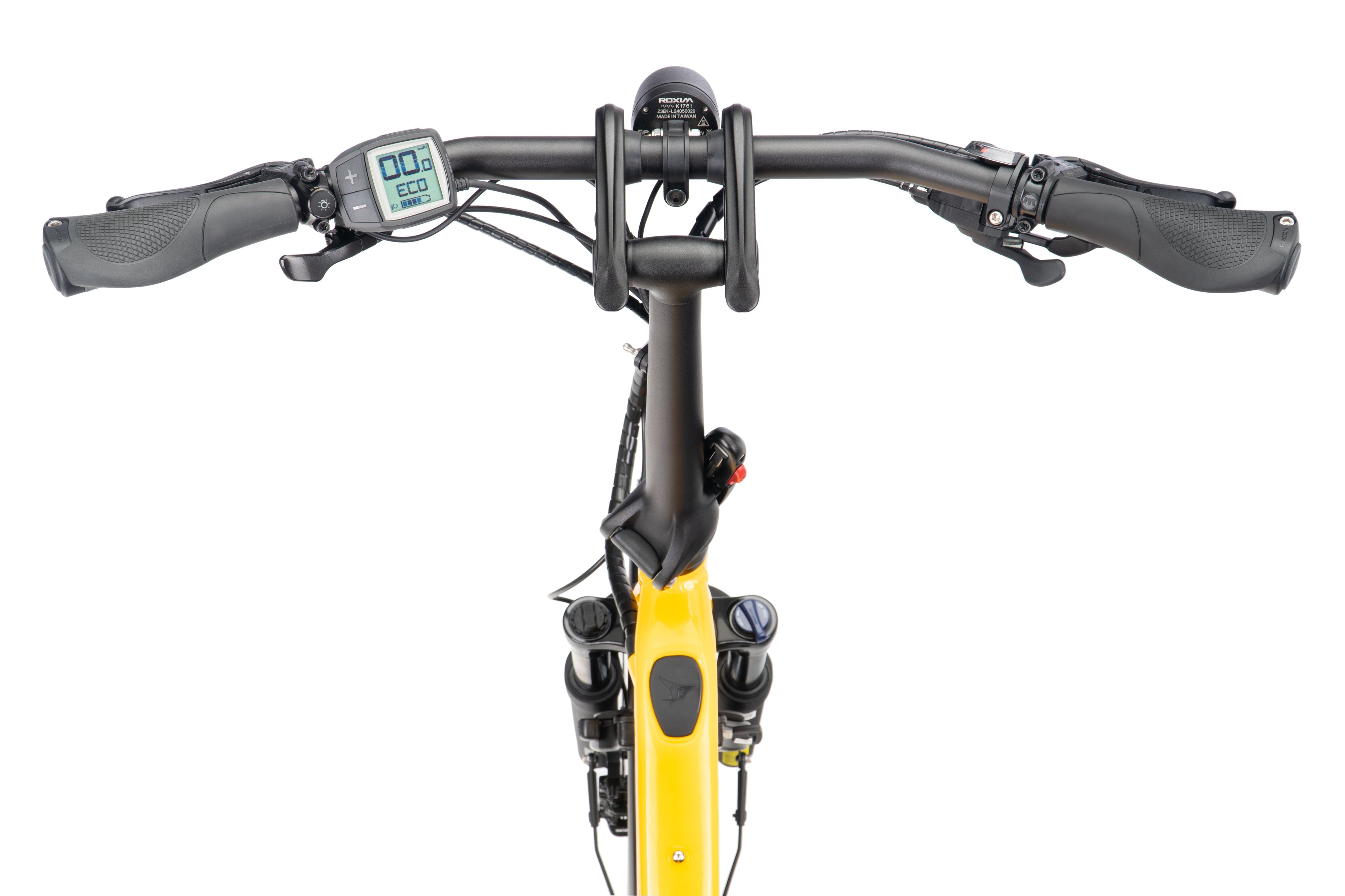 Close-up of a bicycle handlebar with control buttons on a white background