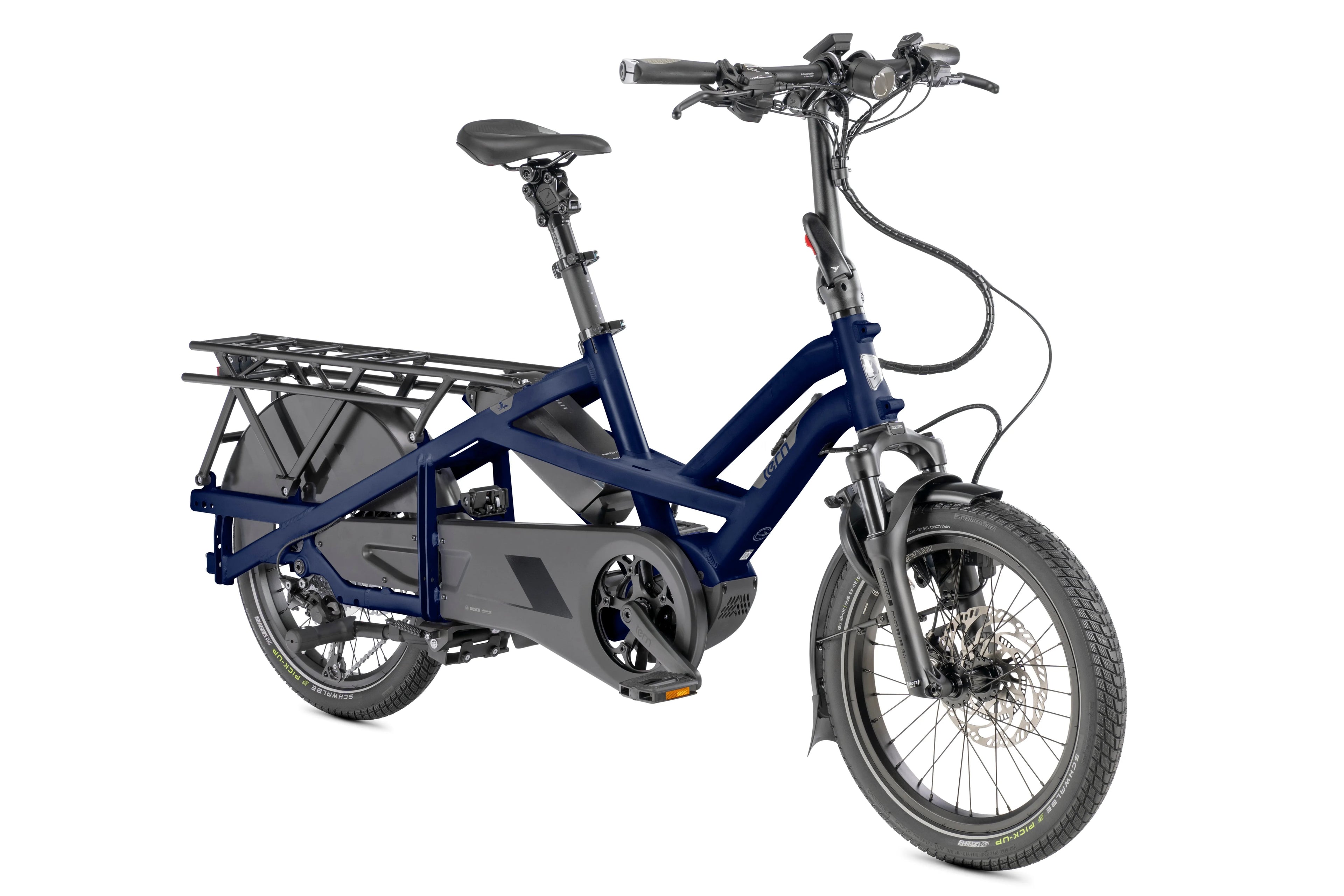 Navy blue electric cargo bike with a gray rack on a white background