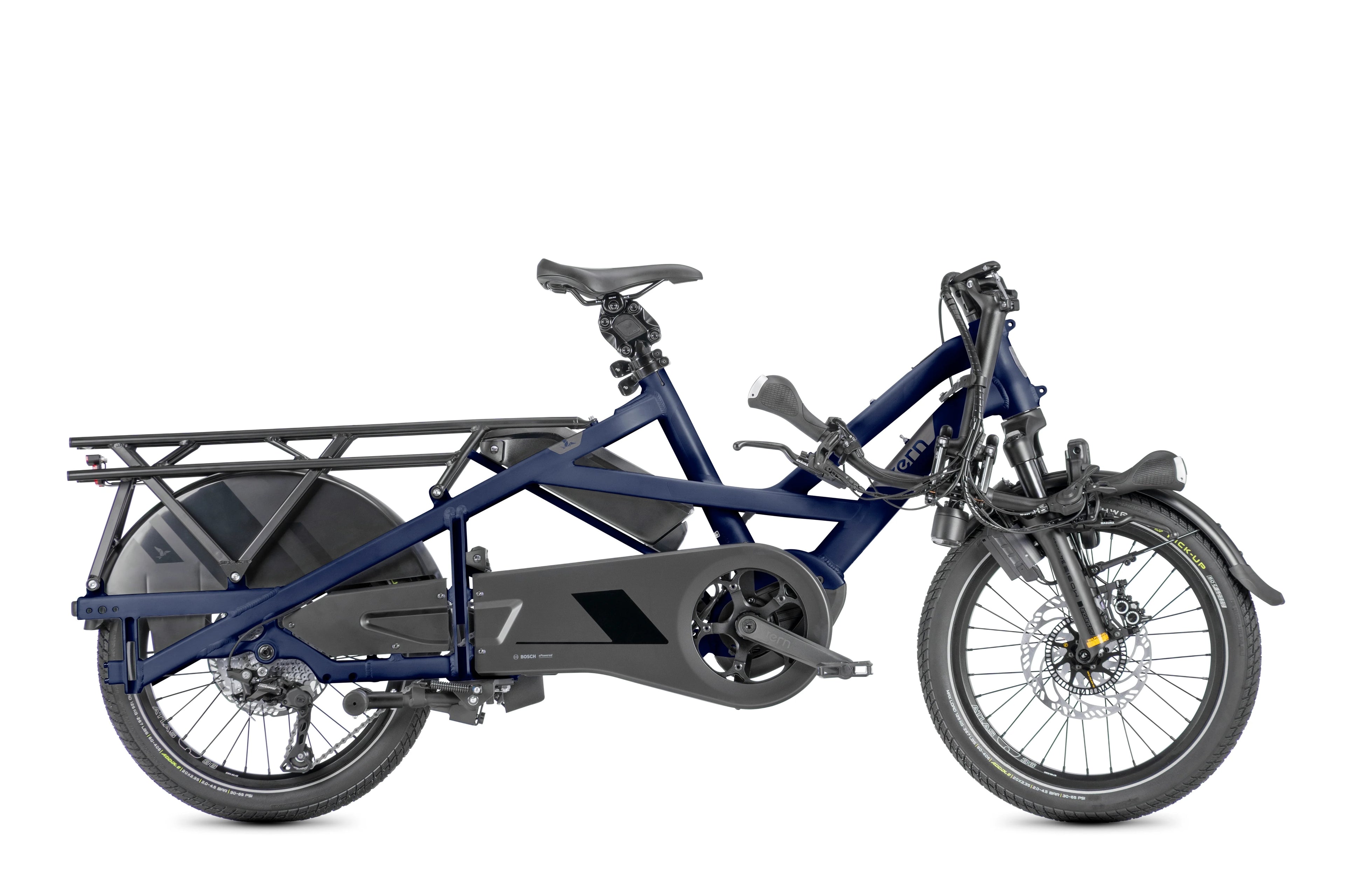Dark blue cargo bicycle in semi-folded position.