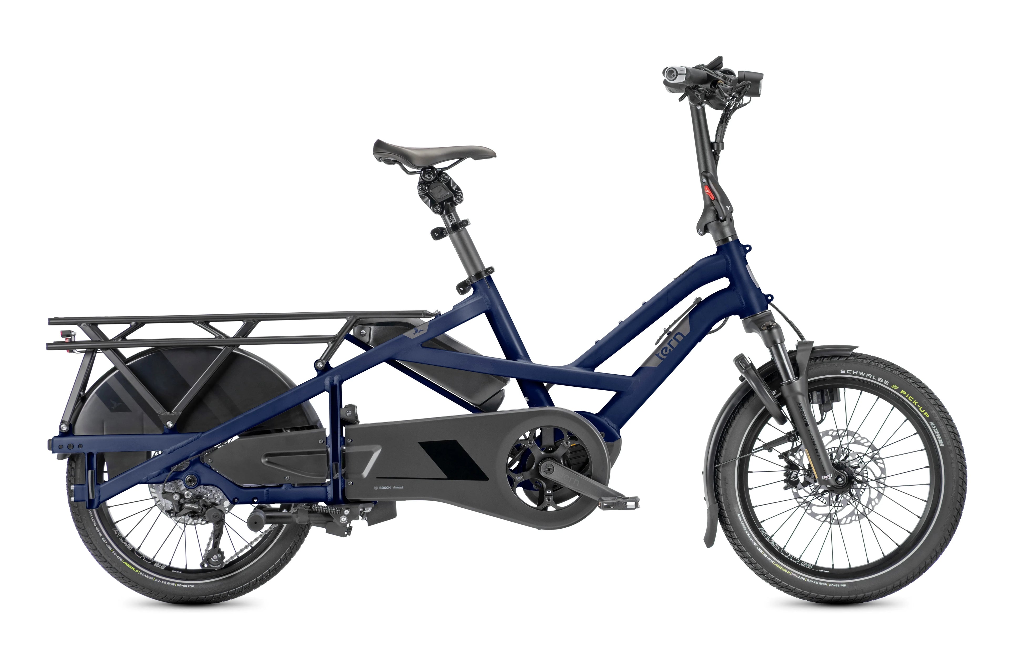 Blue electric cargo bike on a white background