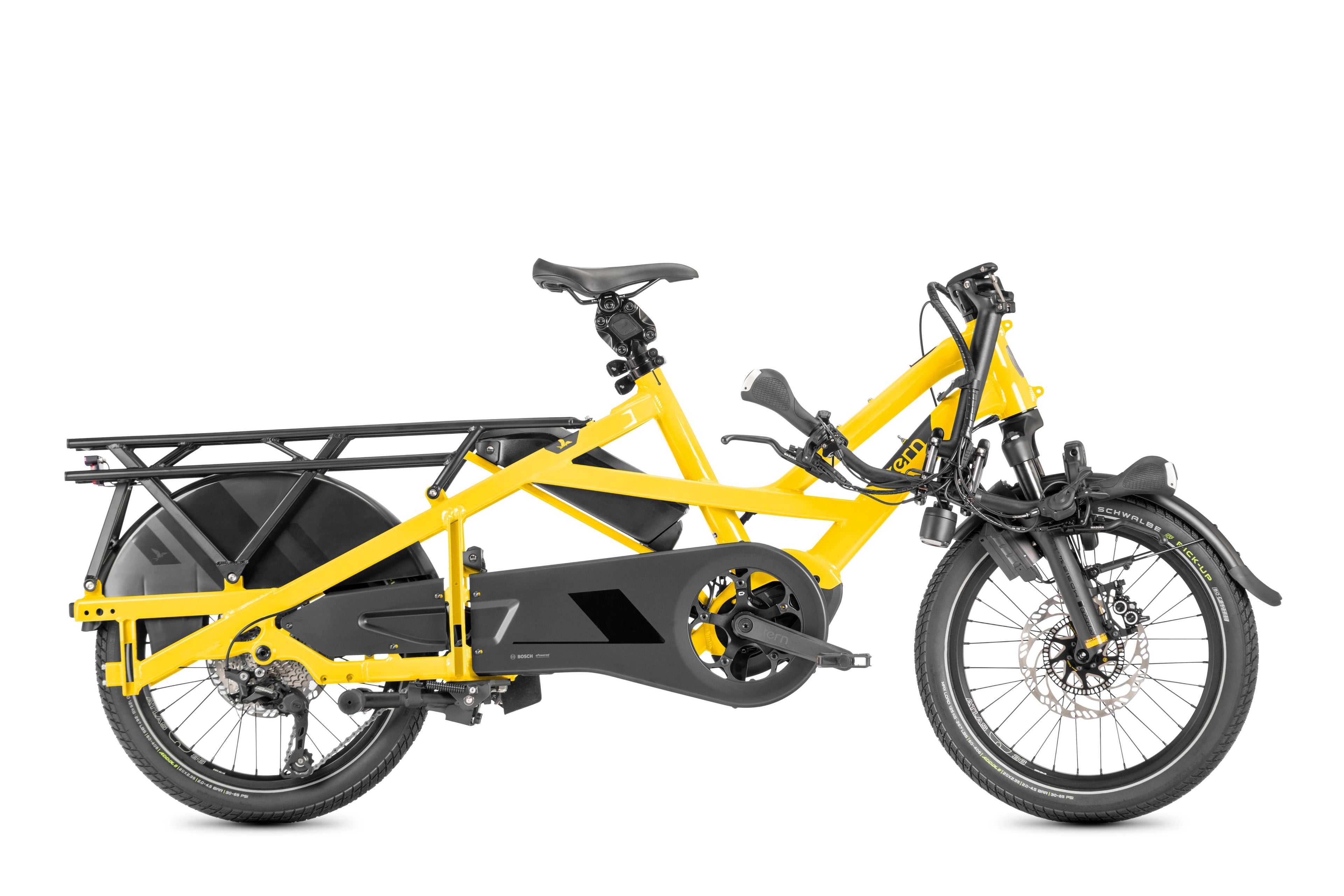 Semi-folded yellow Tern cargo bike on a white background.