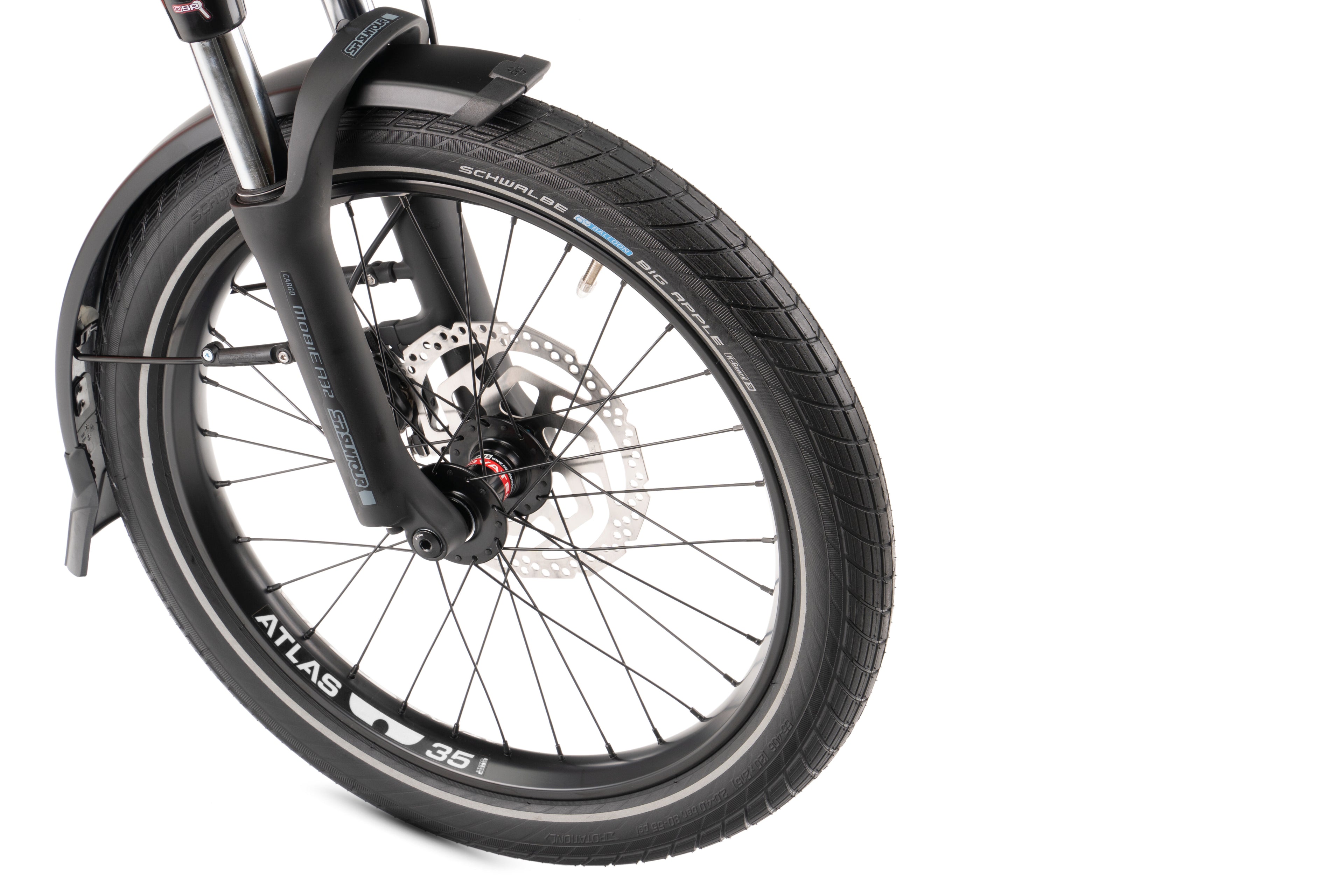 Close-up of a bicycle wheel with 'Atlas' branding on a white background