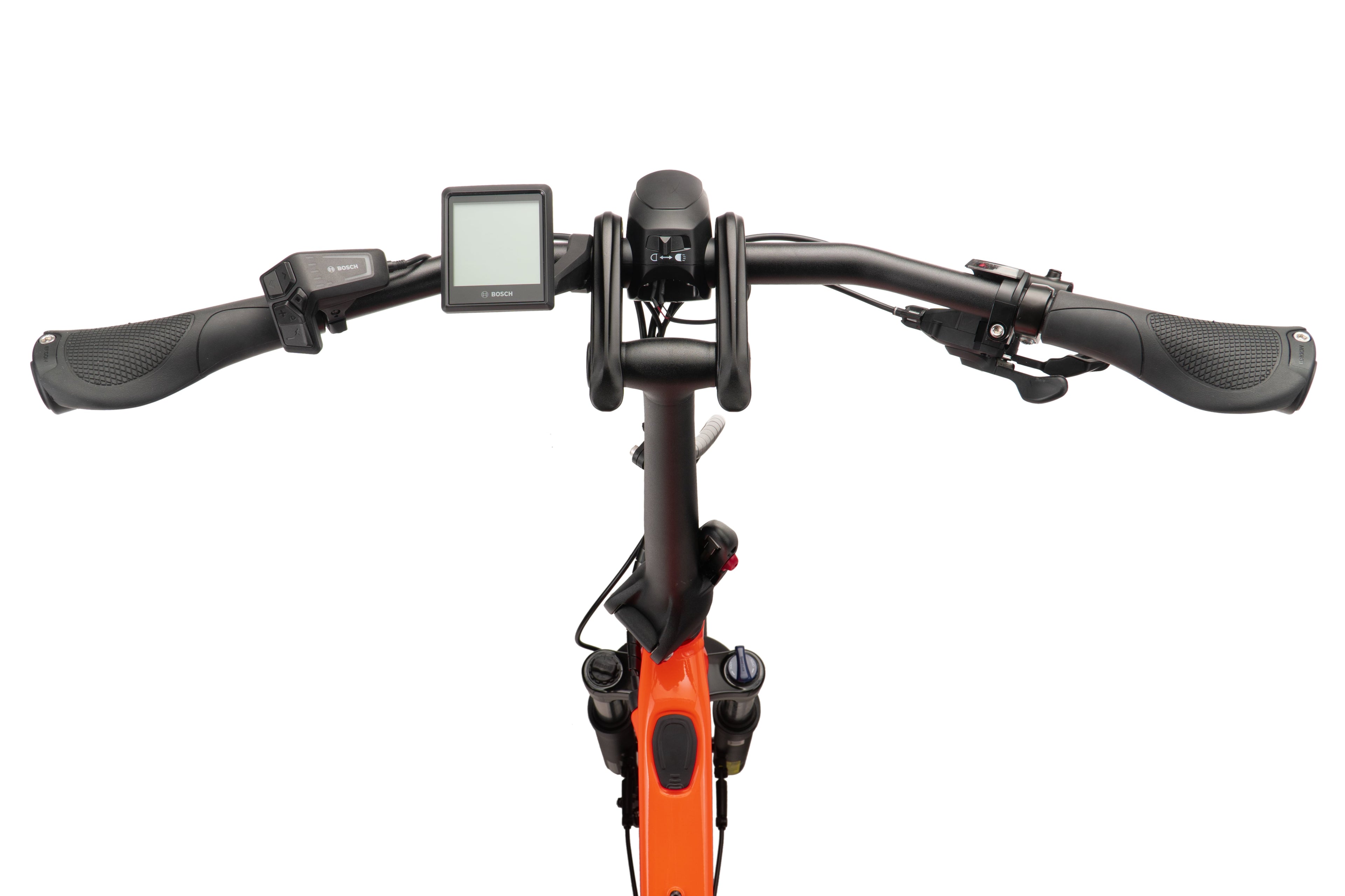The cockpit view of a Tern electric cargo bike with an orange frame.