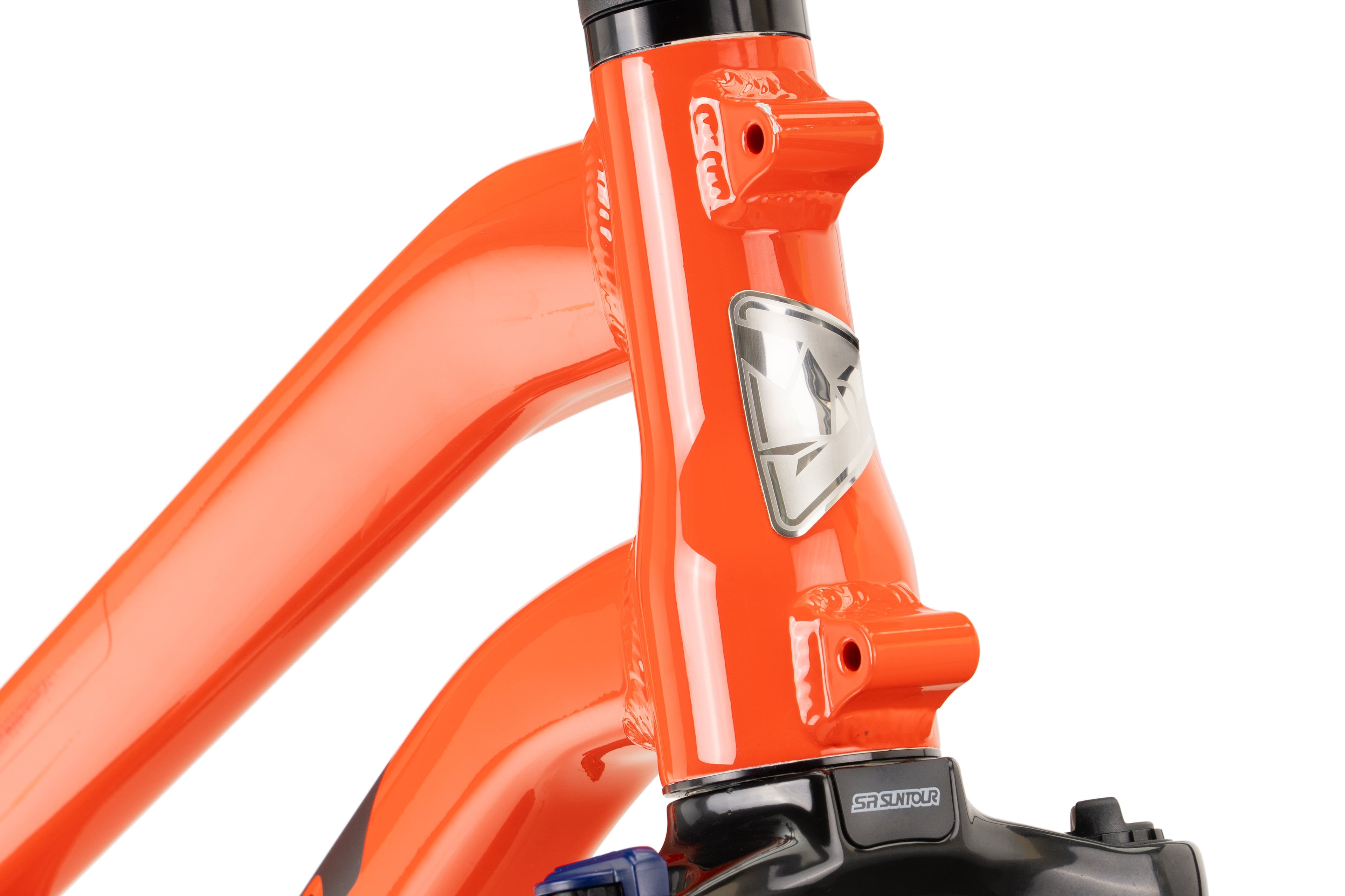 Close-up of an orange bicycle frame with Tern brand logo on a white background