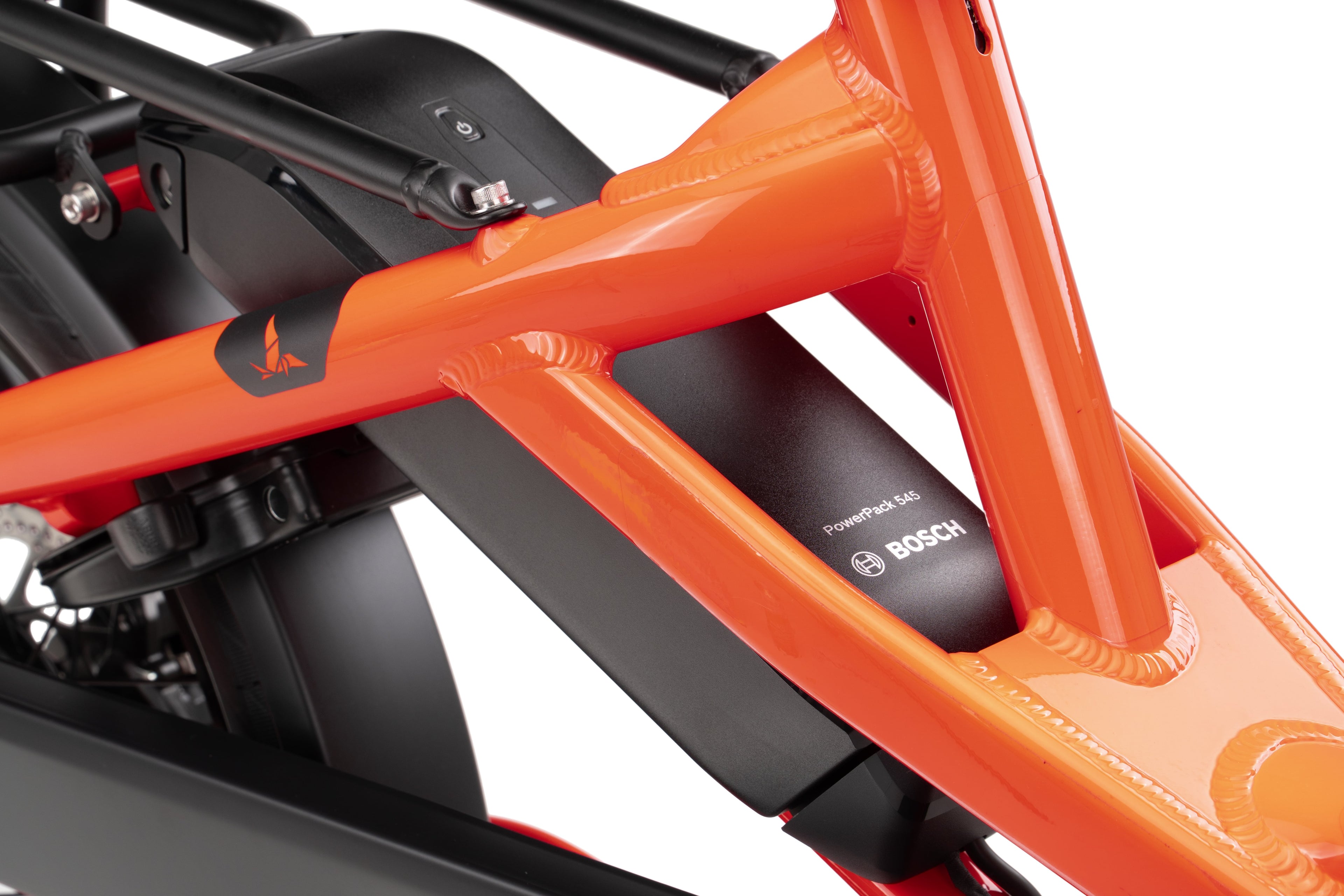 Close-up of a Tern cargo bike with an organe frame and Bosch battery.