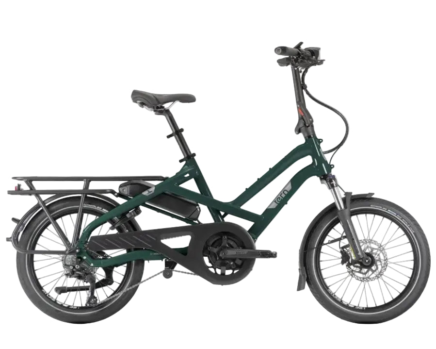 Green Tern HSD electric bike with a black seat on a white background