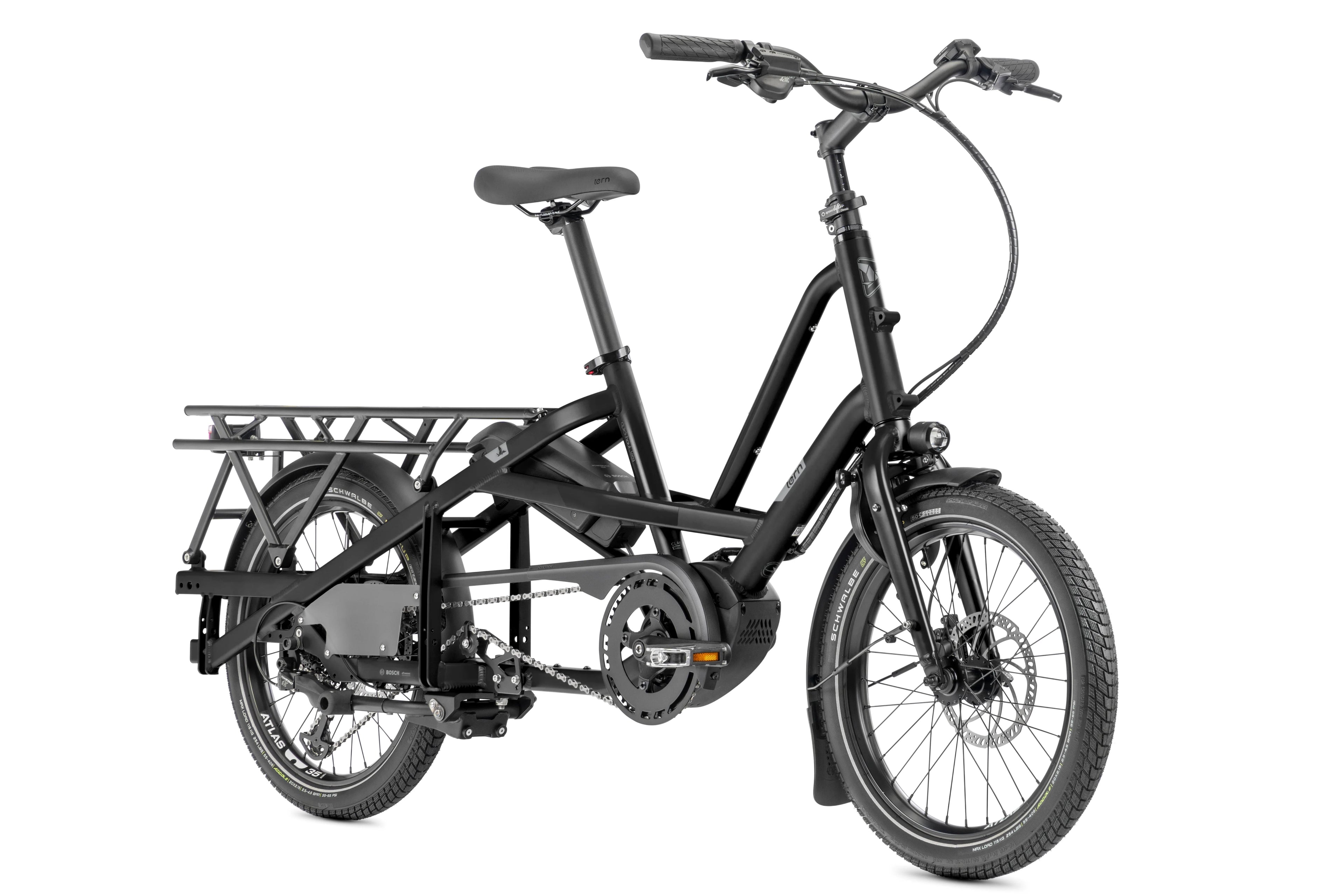 Black cargo bike with a small front wheel on a white background
