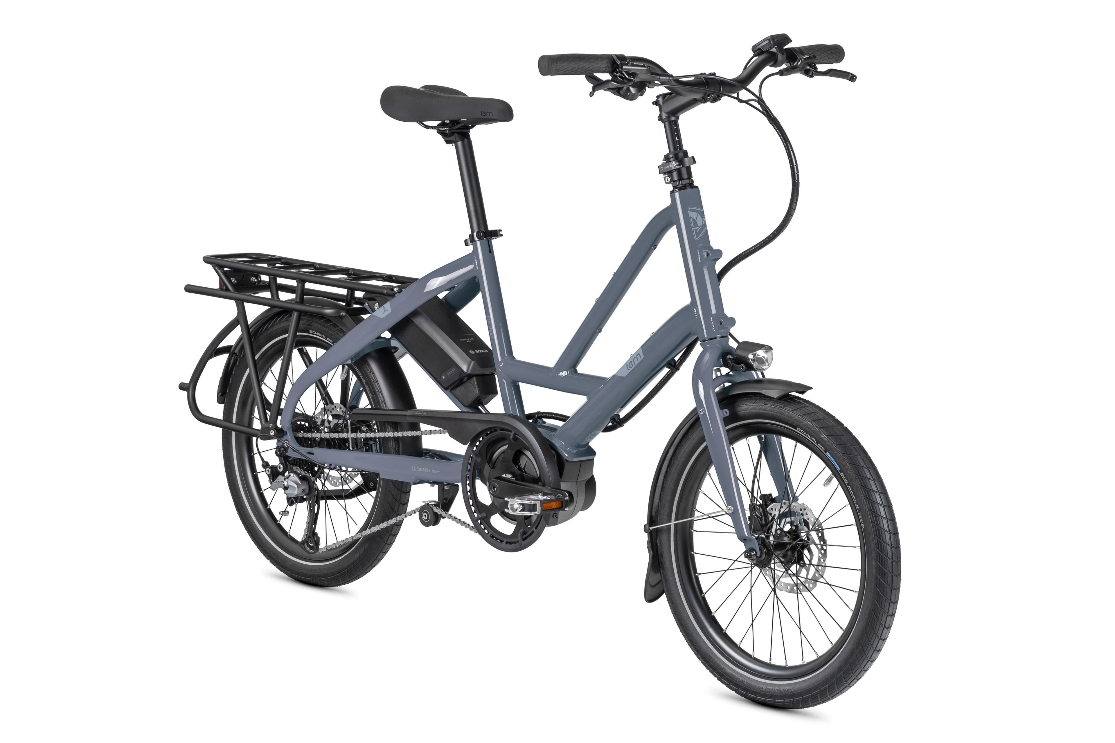Grey electric bike with a rack on a white background