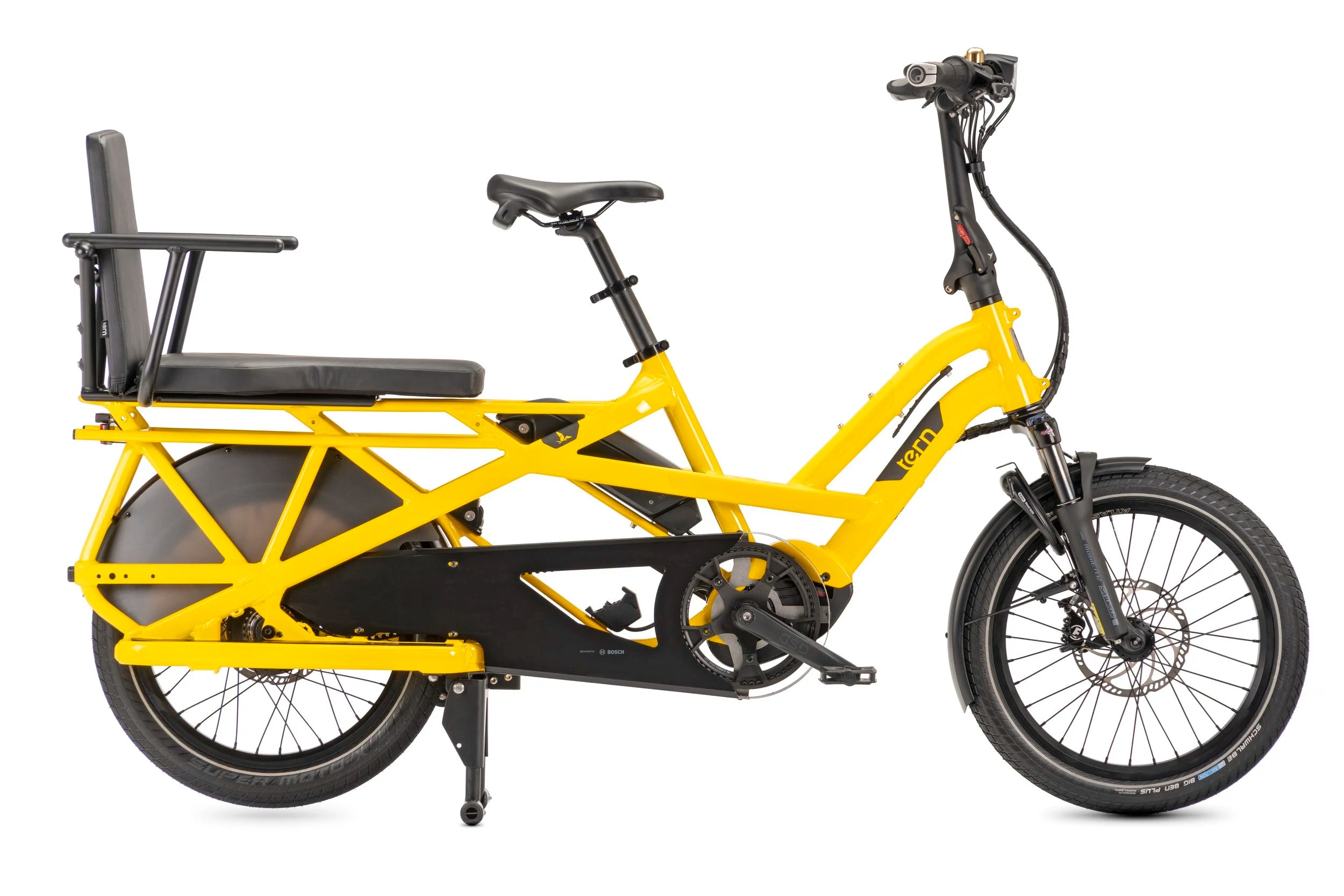 Yellow cargo bike with a black seat on a white background