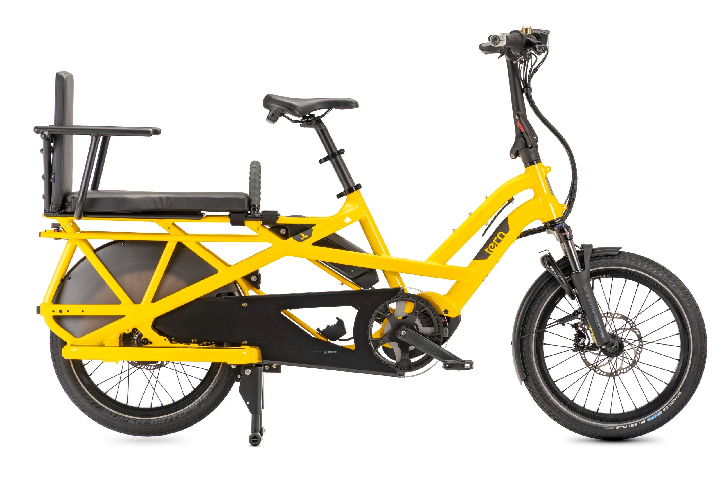 Yellow cargo bike with a black seat on a white background