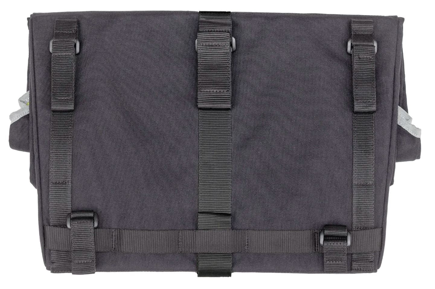 Gray bag with black straps on a white background