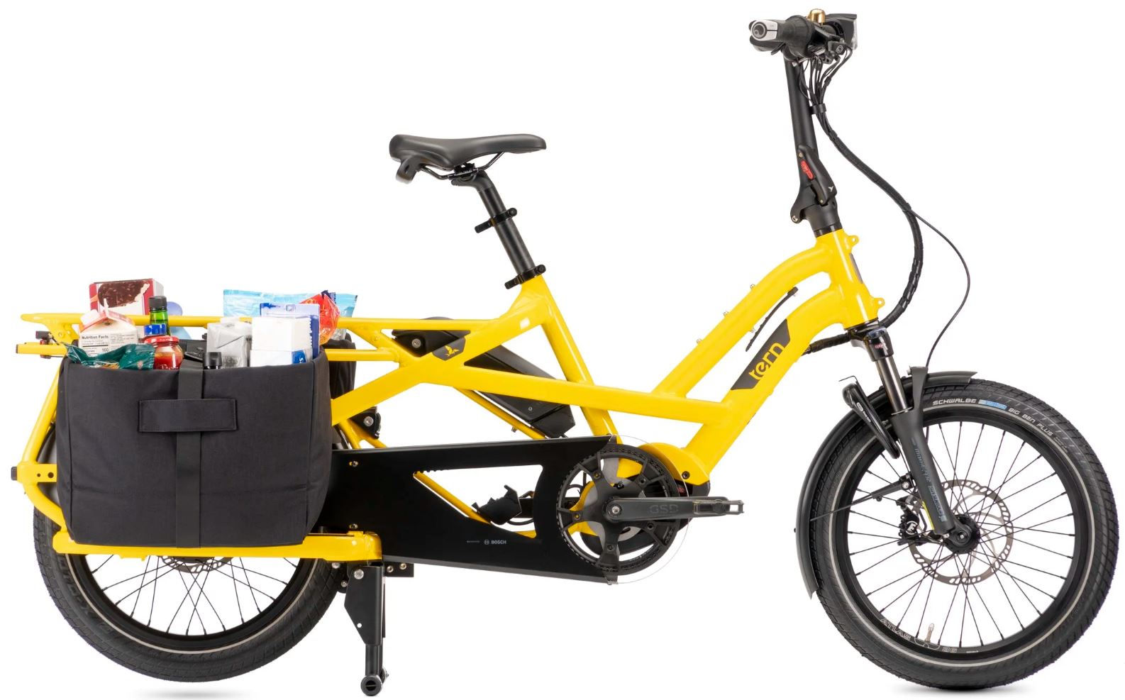 Yellow cargo bike with black accessories on a white background