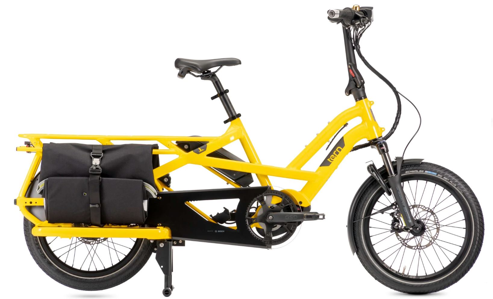 Yellow cargo bike with black accessories on a white background