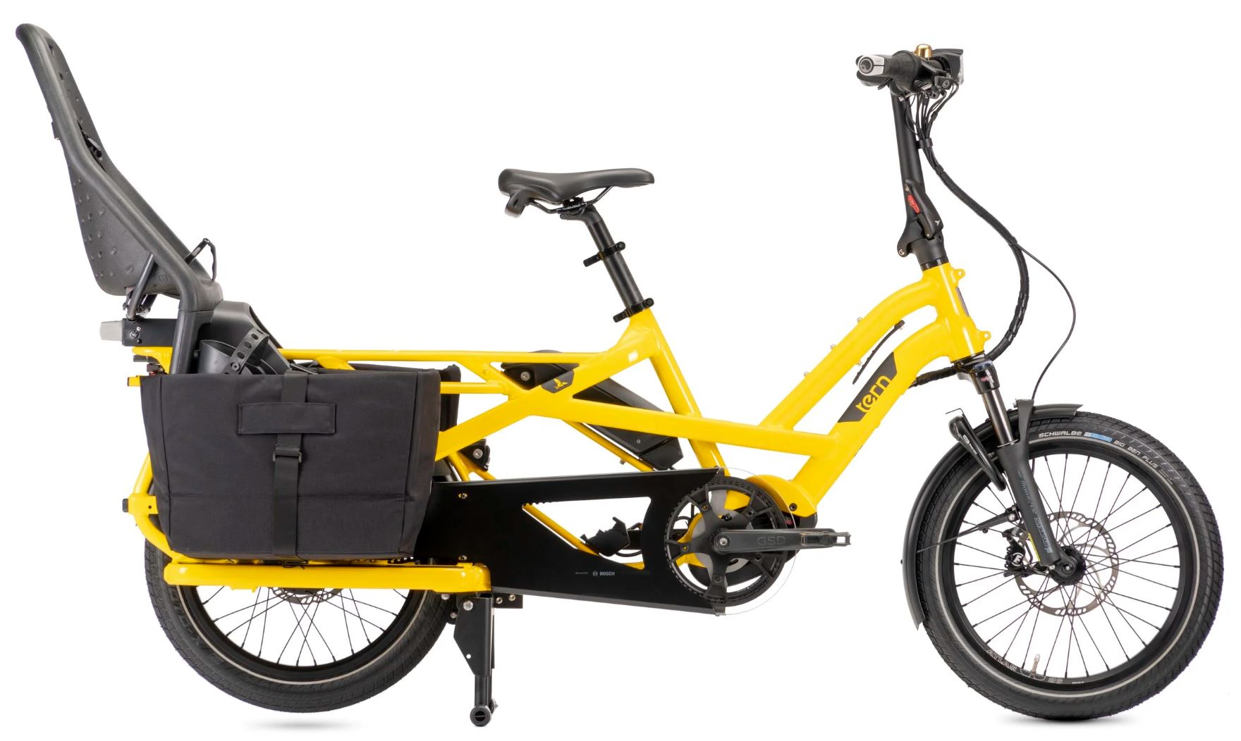 Yellow cargo bike with a black child seat and pannier bag on a white background