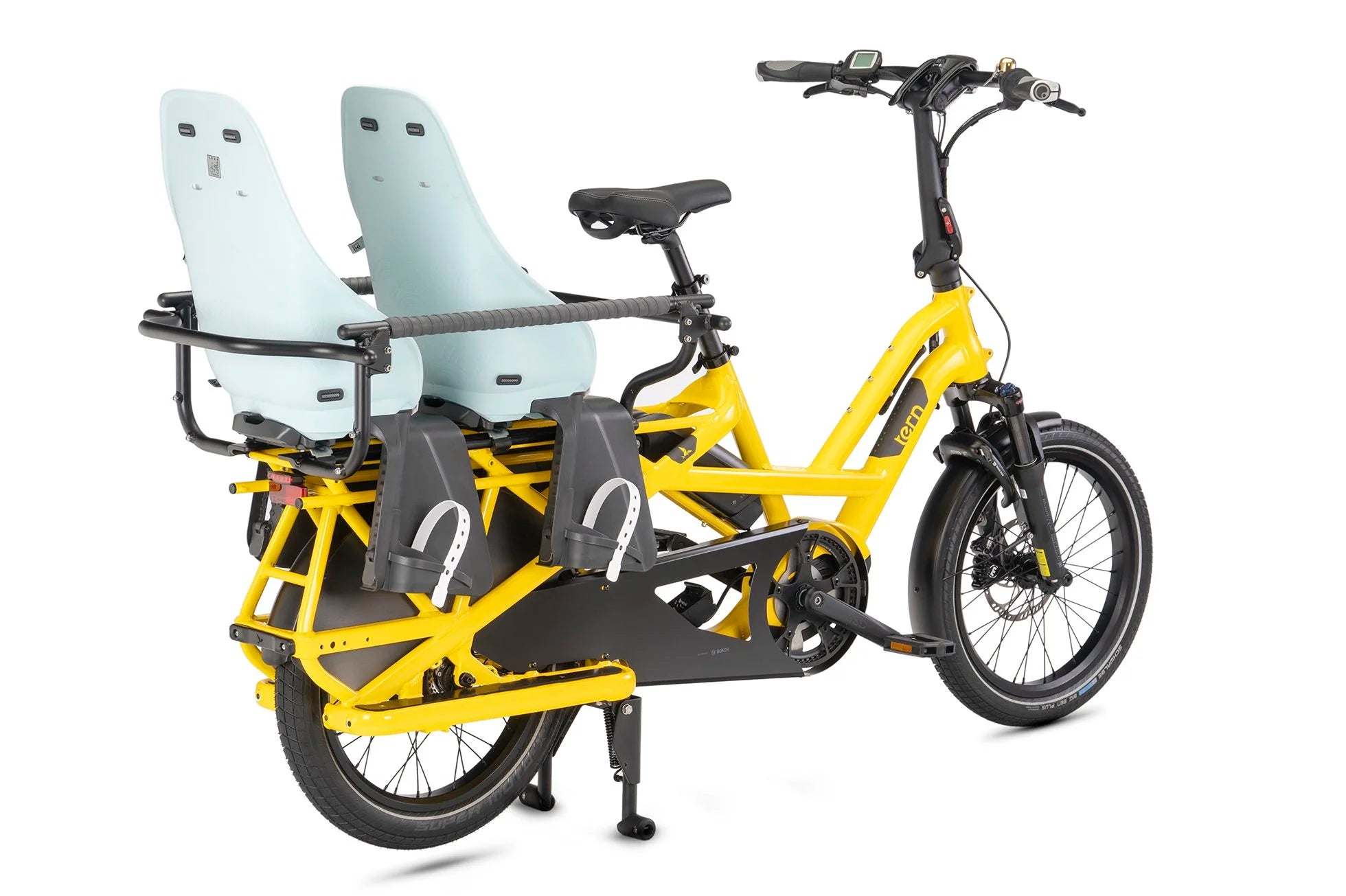 Yellow electric bicycle with child seats on a white background