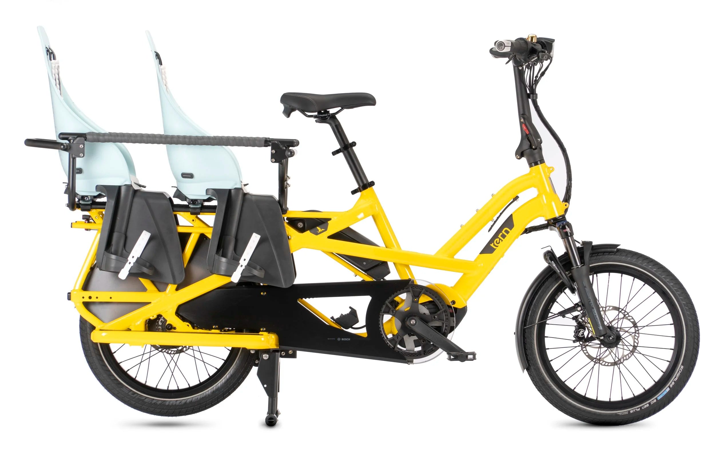 Yellow and black tandem bicycle with a child seat on a white background