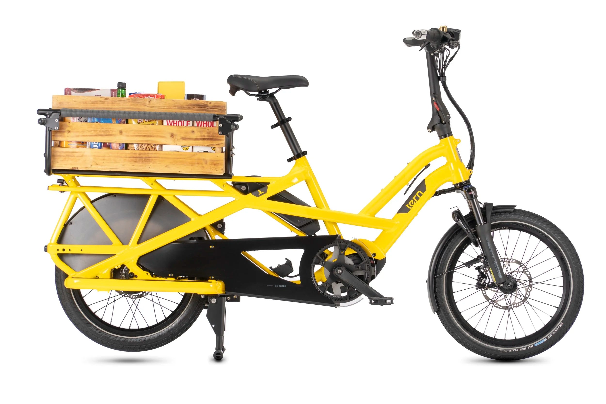 Yellow cargo bike with a wooden crate on a white background