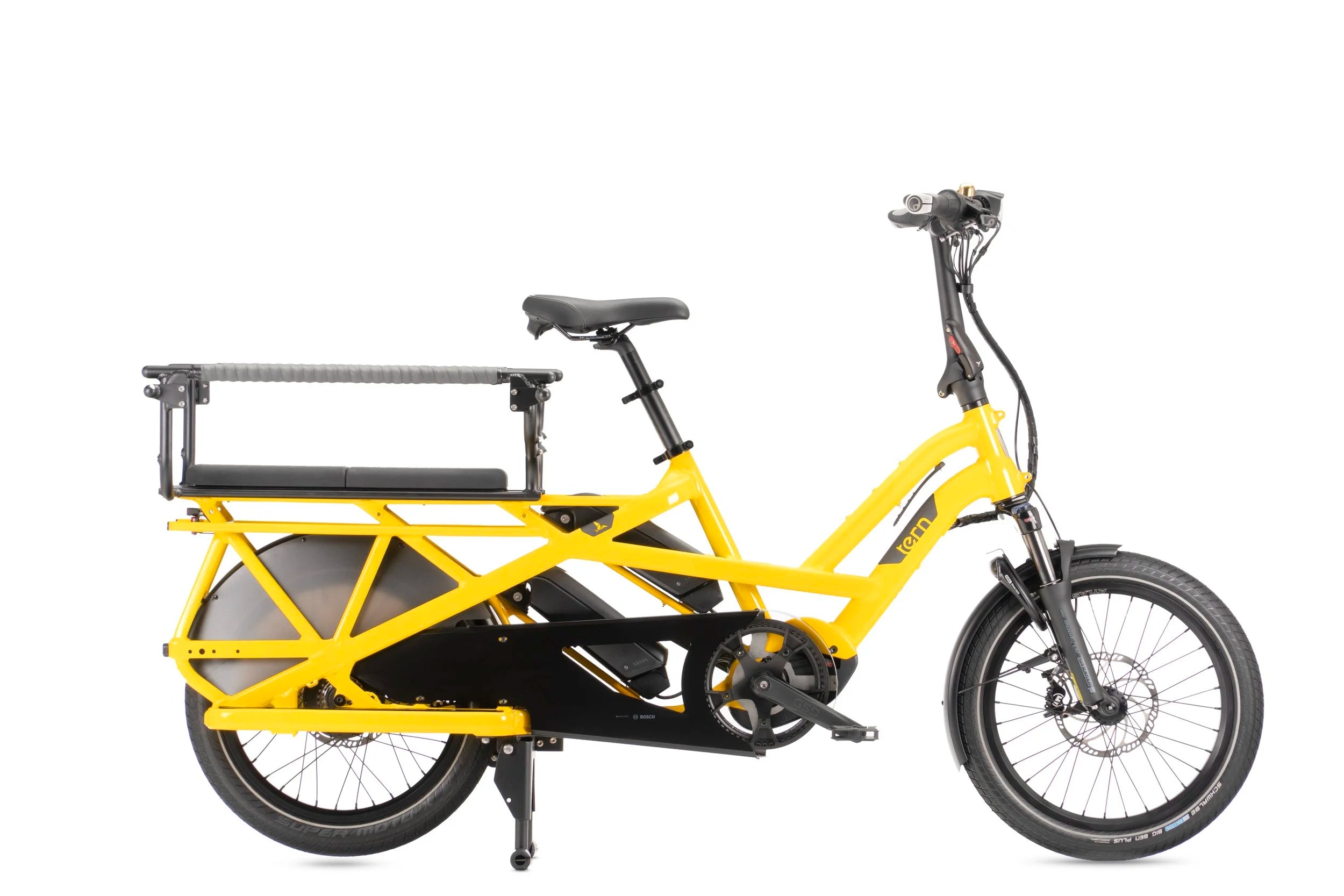 Yellow cargo bike with black seat on a white background