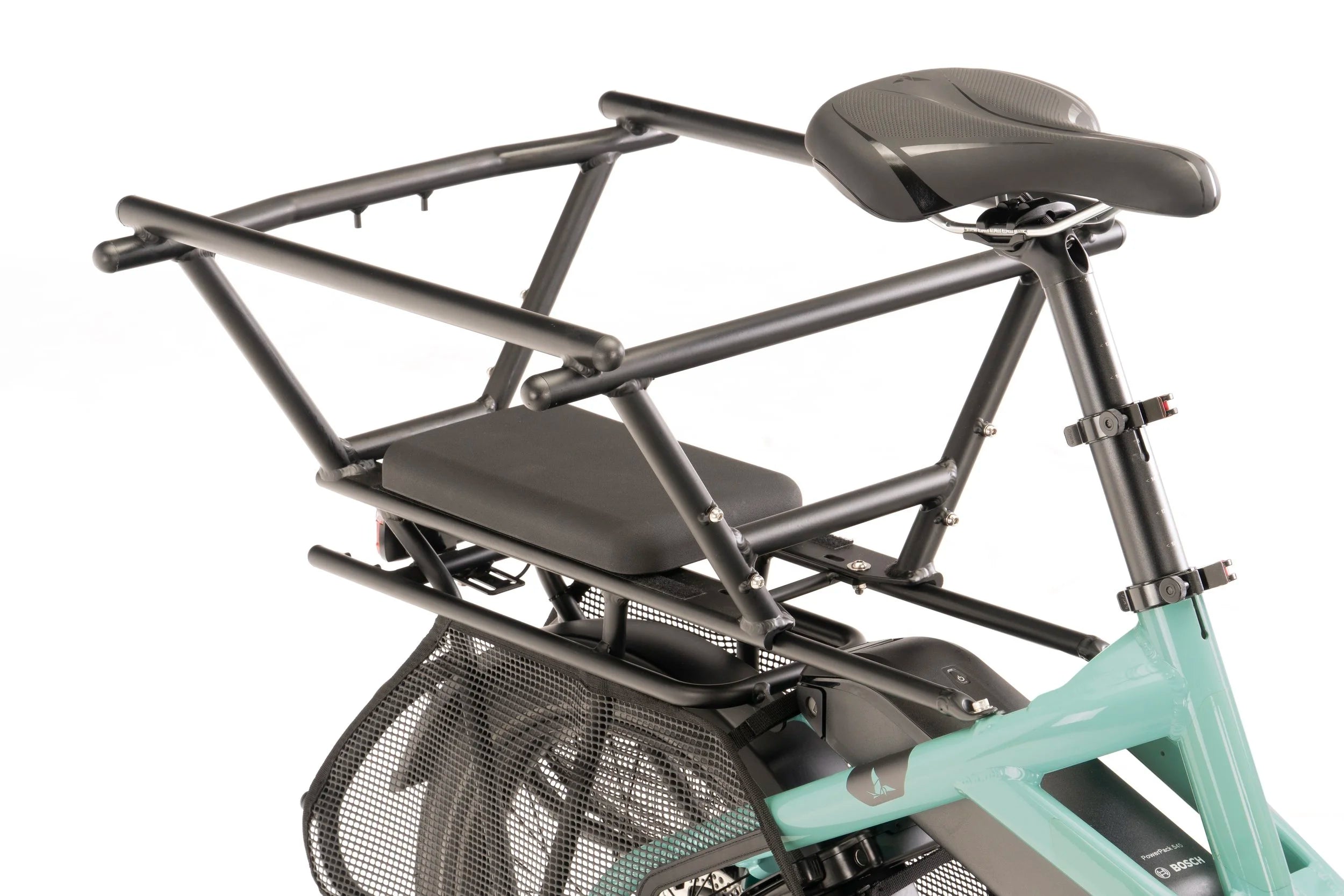 Bicycle with a rear rack and seat on a white background