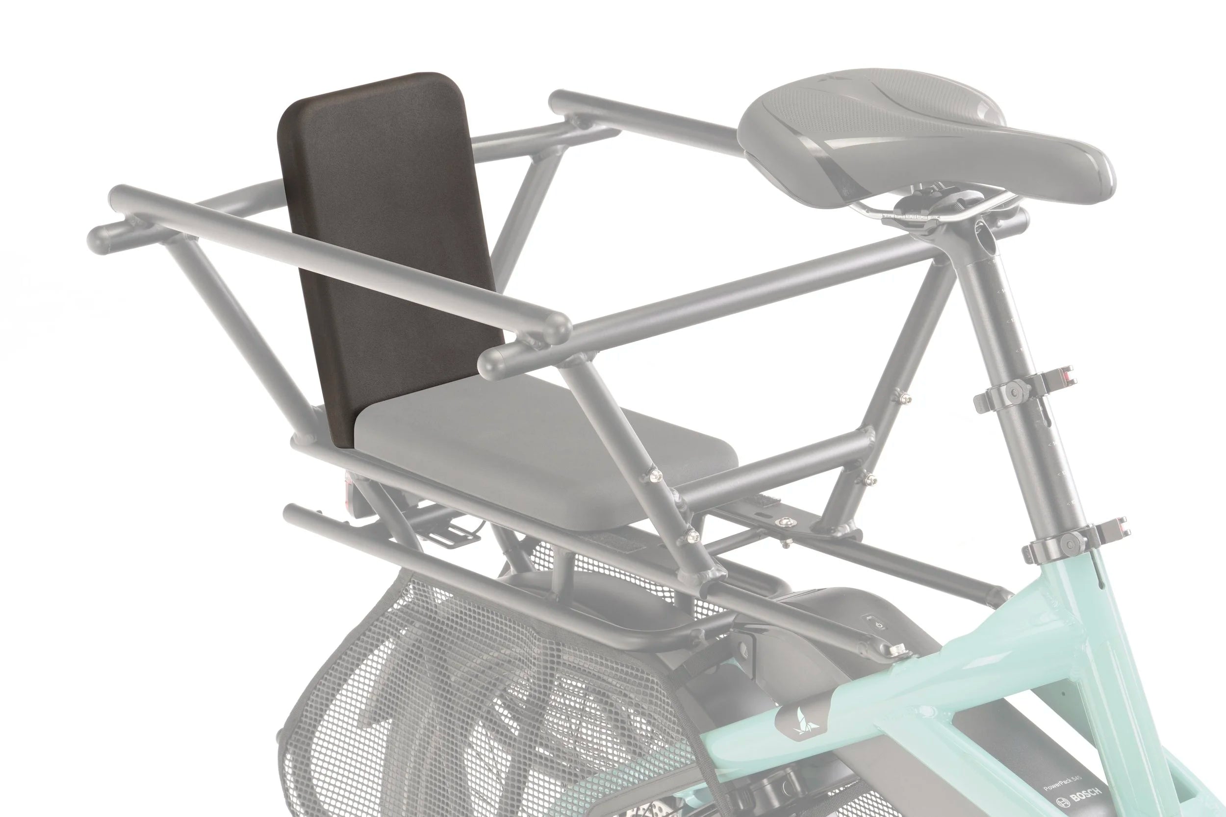 Bicycle with a child seat and additional seat attachment on a white background