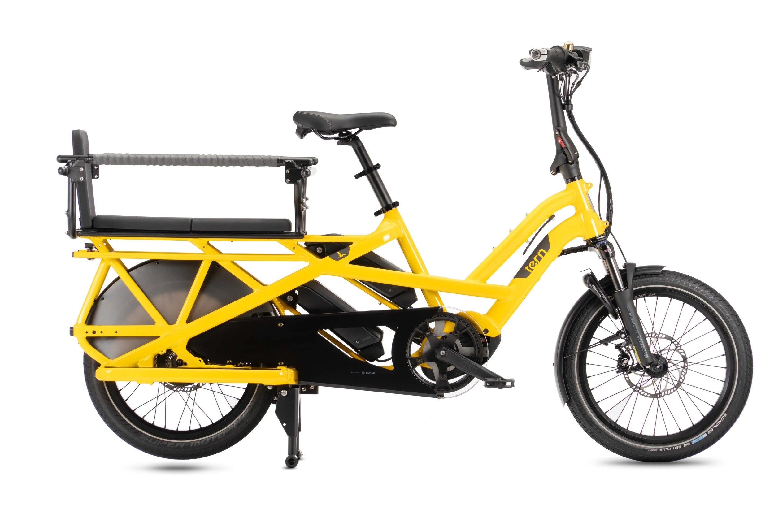 Yellow electric cargo bike with black seat and frame on a white background