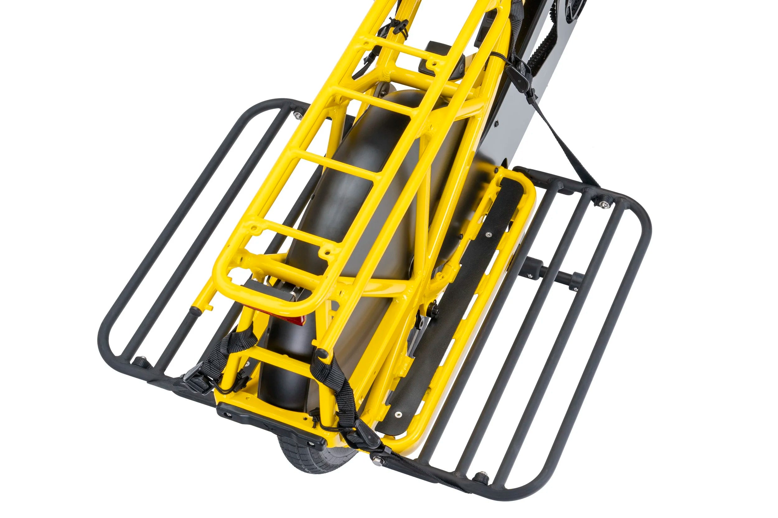 Yellow cargo bicycle's rear section with some side decks attached to it