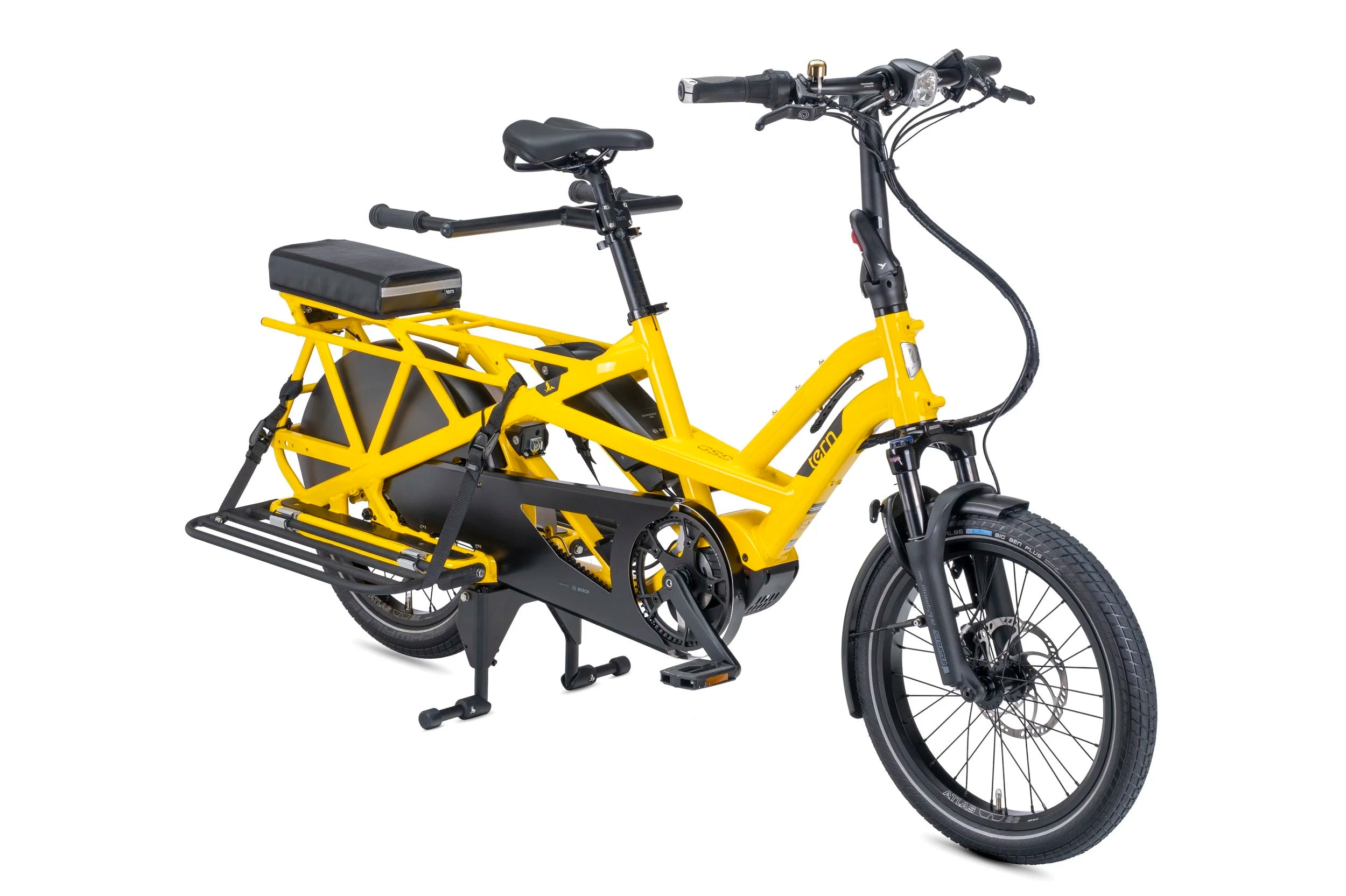 Yellow electric bike with a black seat and frame on a white background