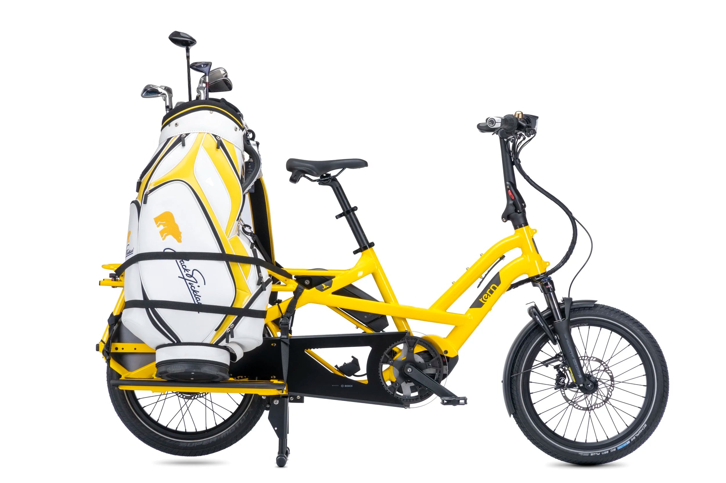 Yellow bicycle with a white bag attached on a white background