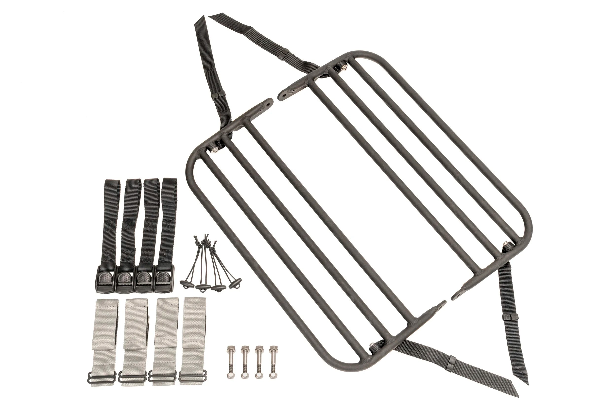 Bicycle luggage rack with straps and hardware on a white background