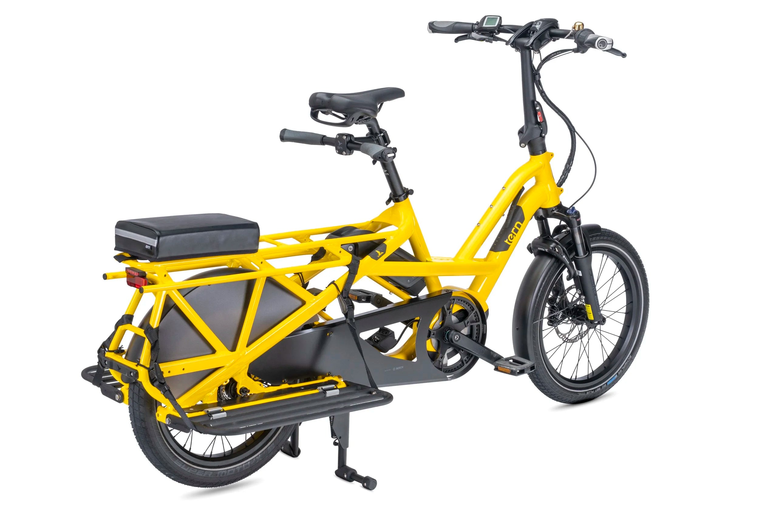 Yellow cargo bike in front of white background.