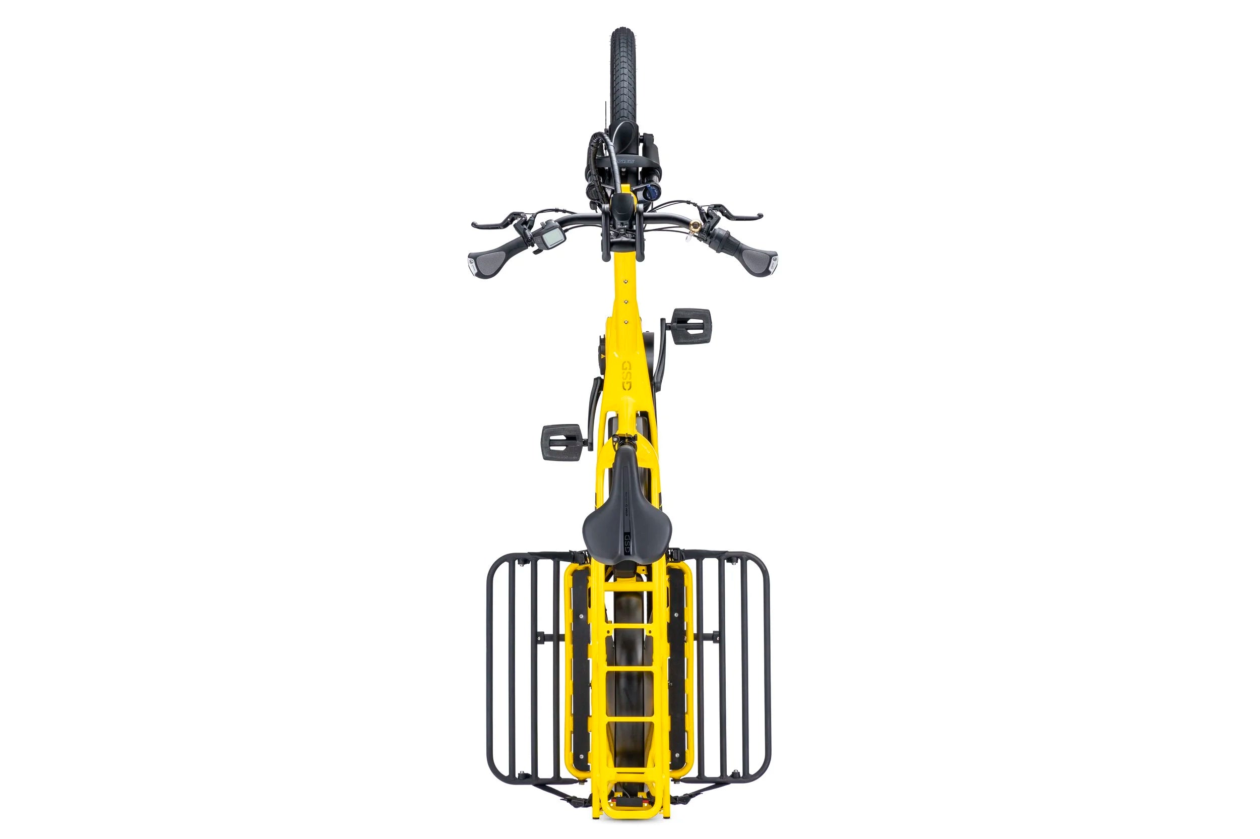 Yellow electric bike with a black rear rack on a white background