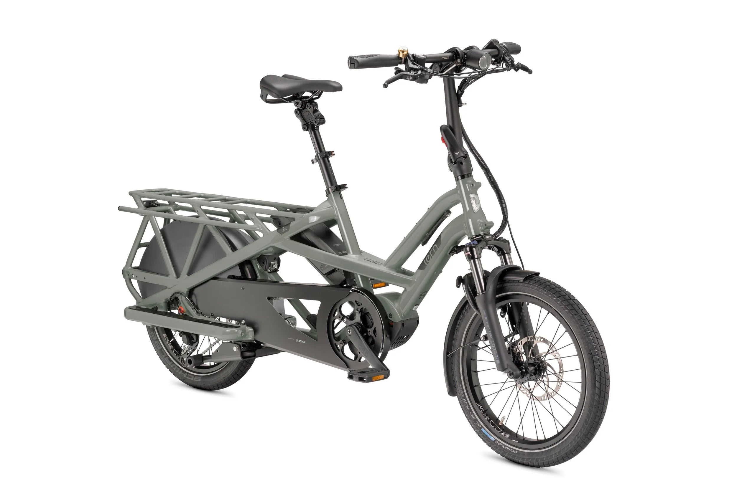 Sage color electric bike with a cargo rack on a white background