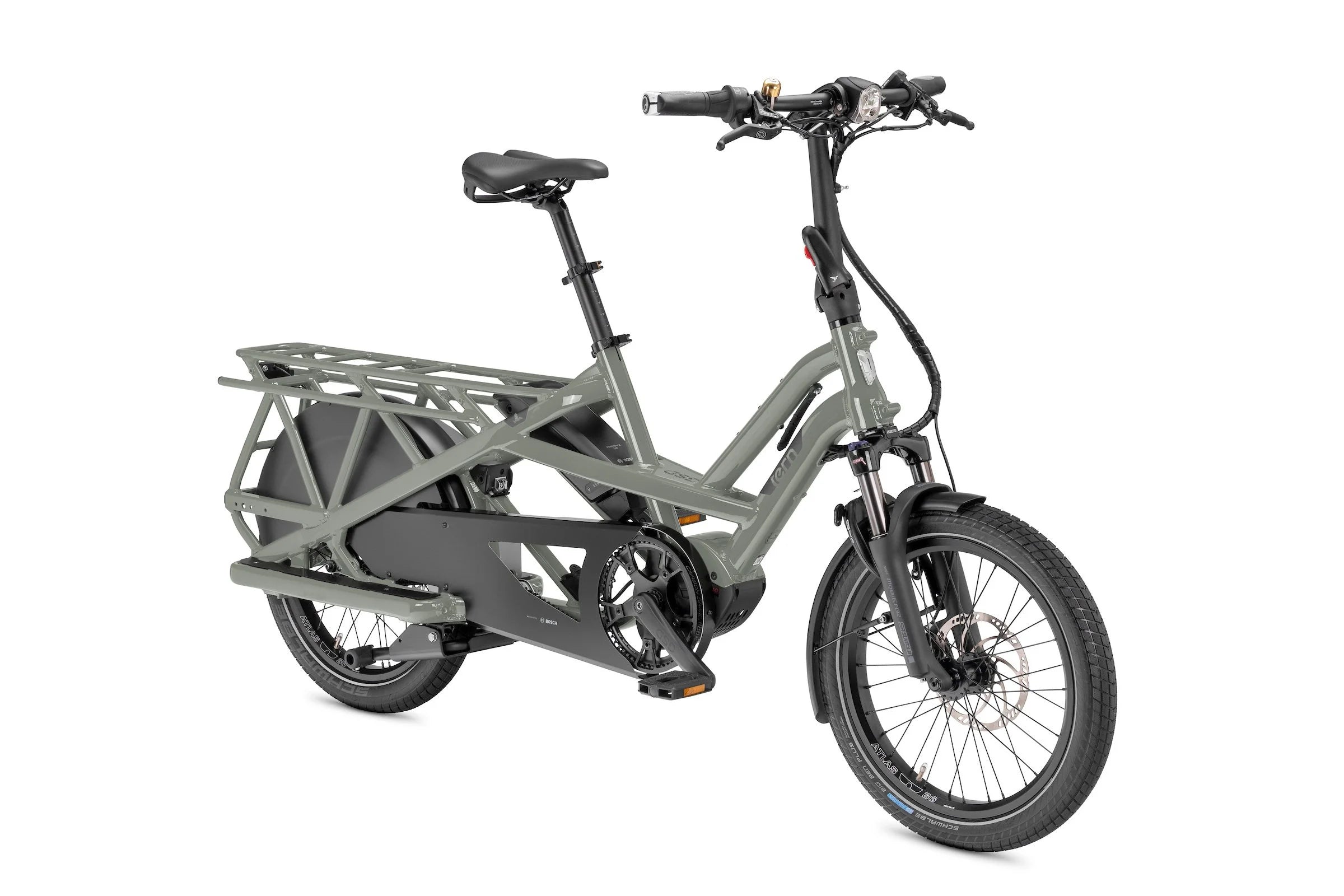 Gray Tern electric bike with a cargo rack on a white background