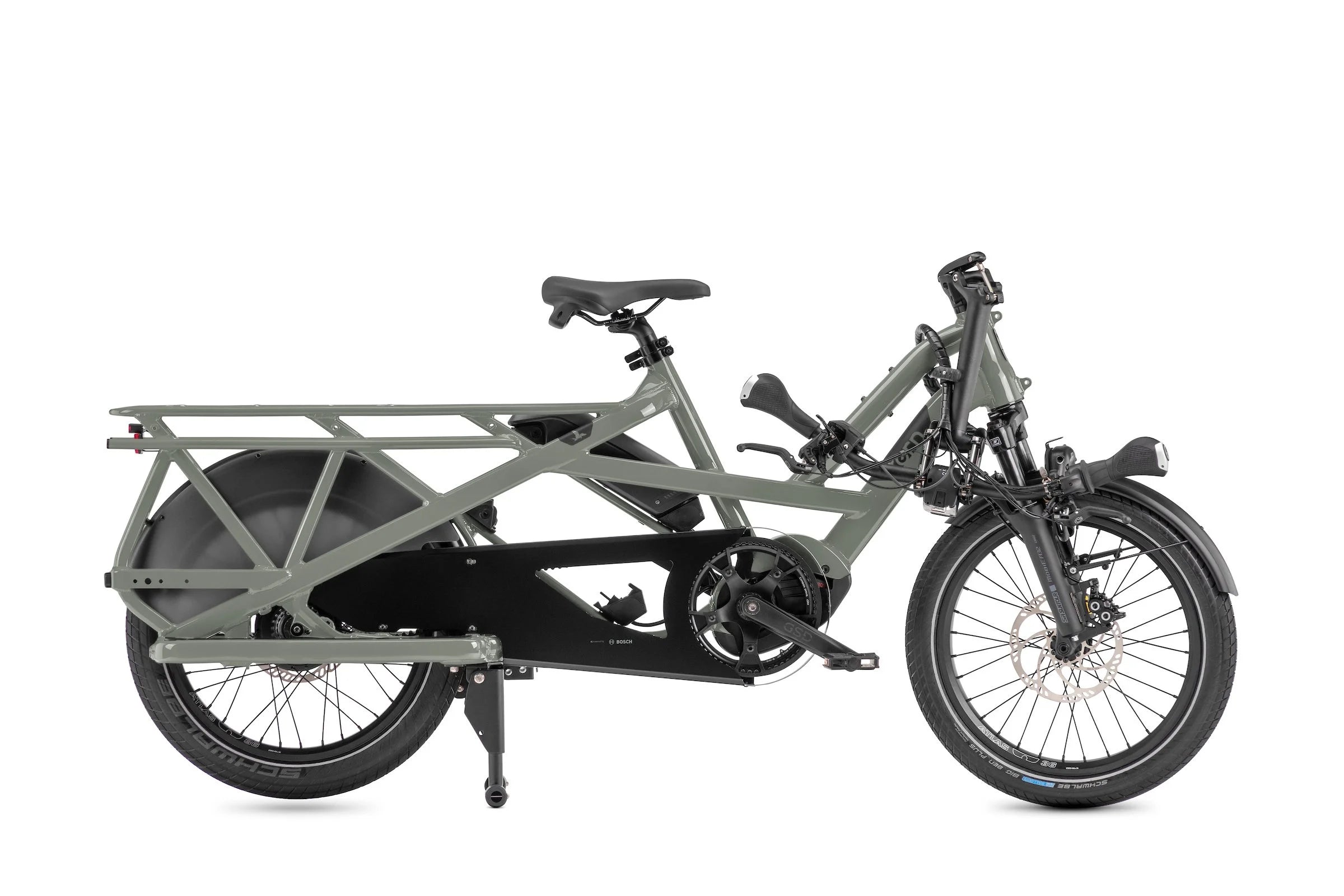 Green cargo bike semi-folded.