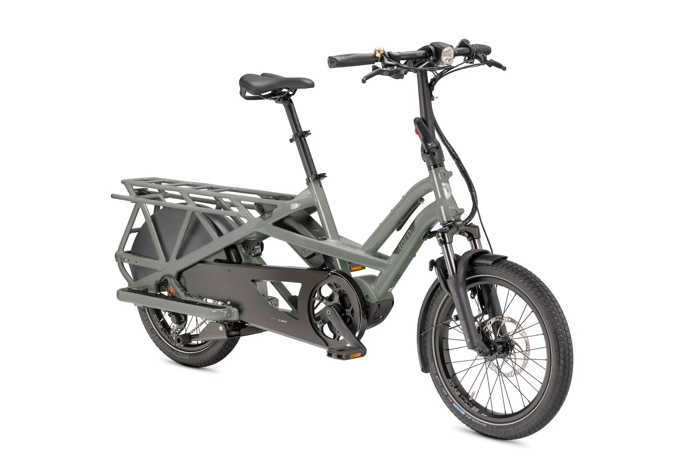 Gray electric cargo bike with a rear rack on a white background