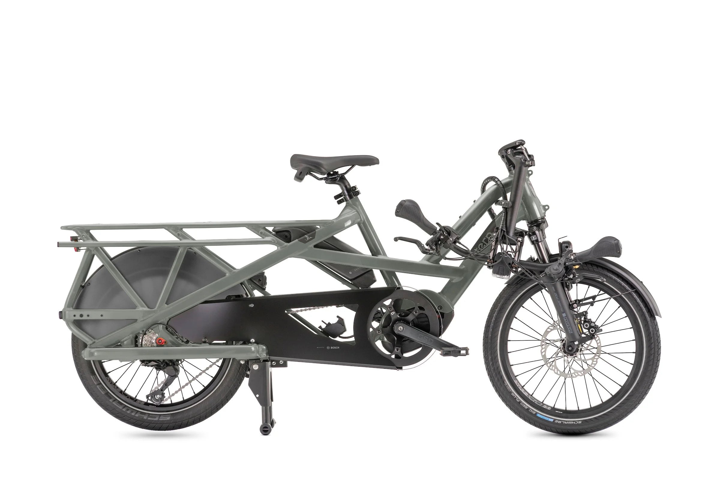 Gray cargo bike with a large cargo rack on a white background