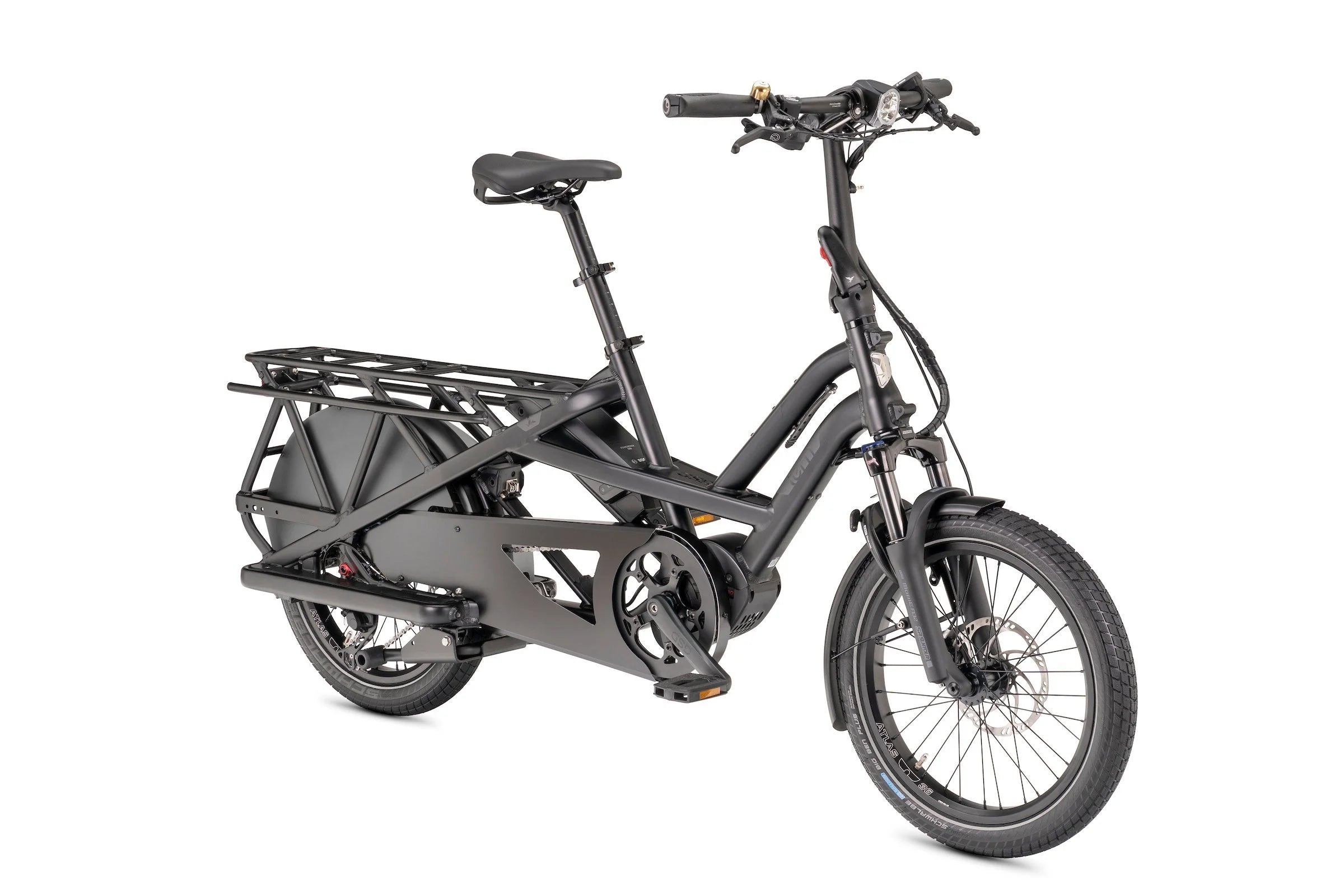 Black electric bike with a cargo rack on a white background