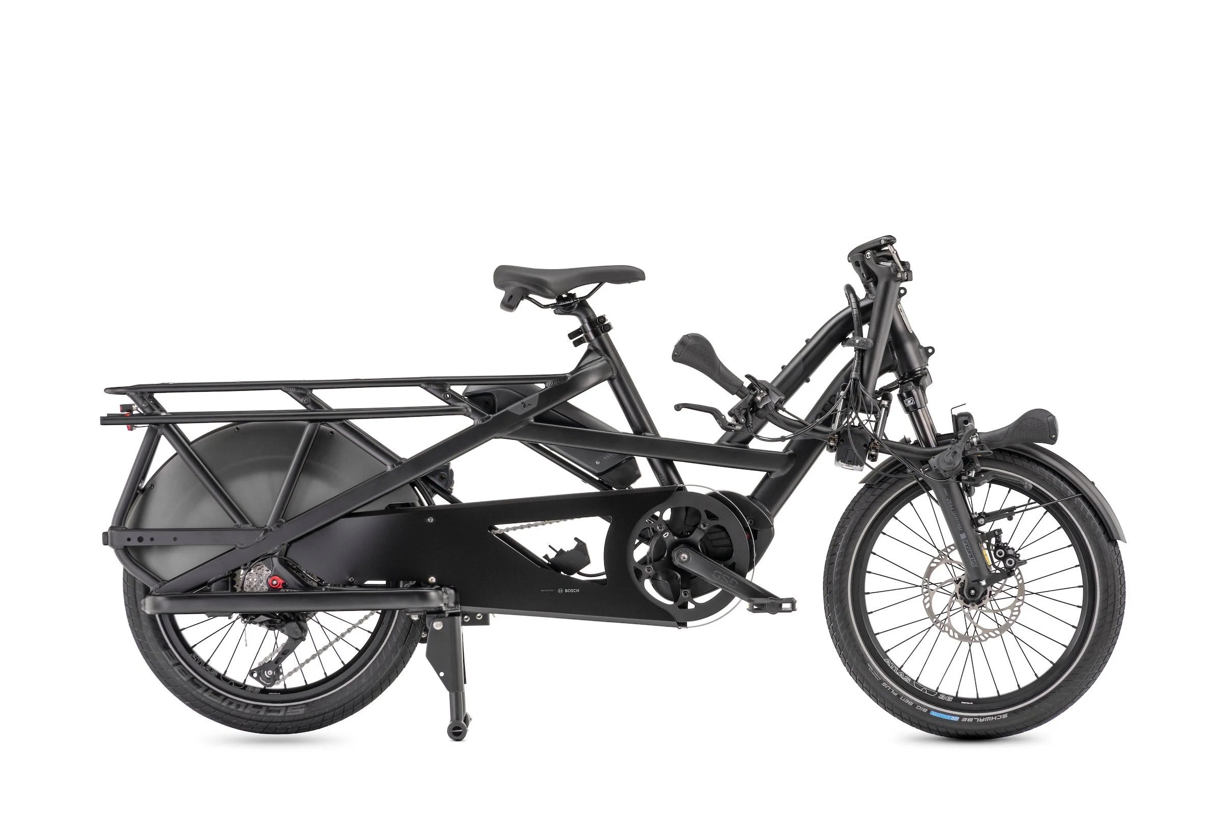 Black cargo bike with a large rear compartment on a white background
