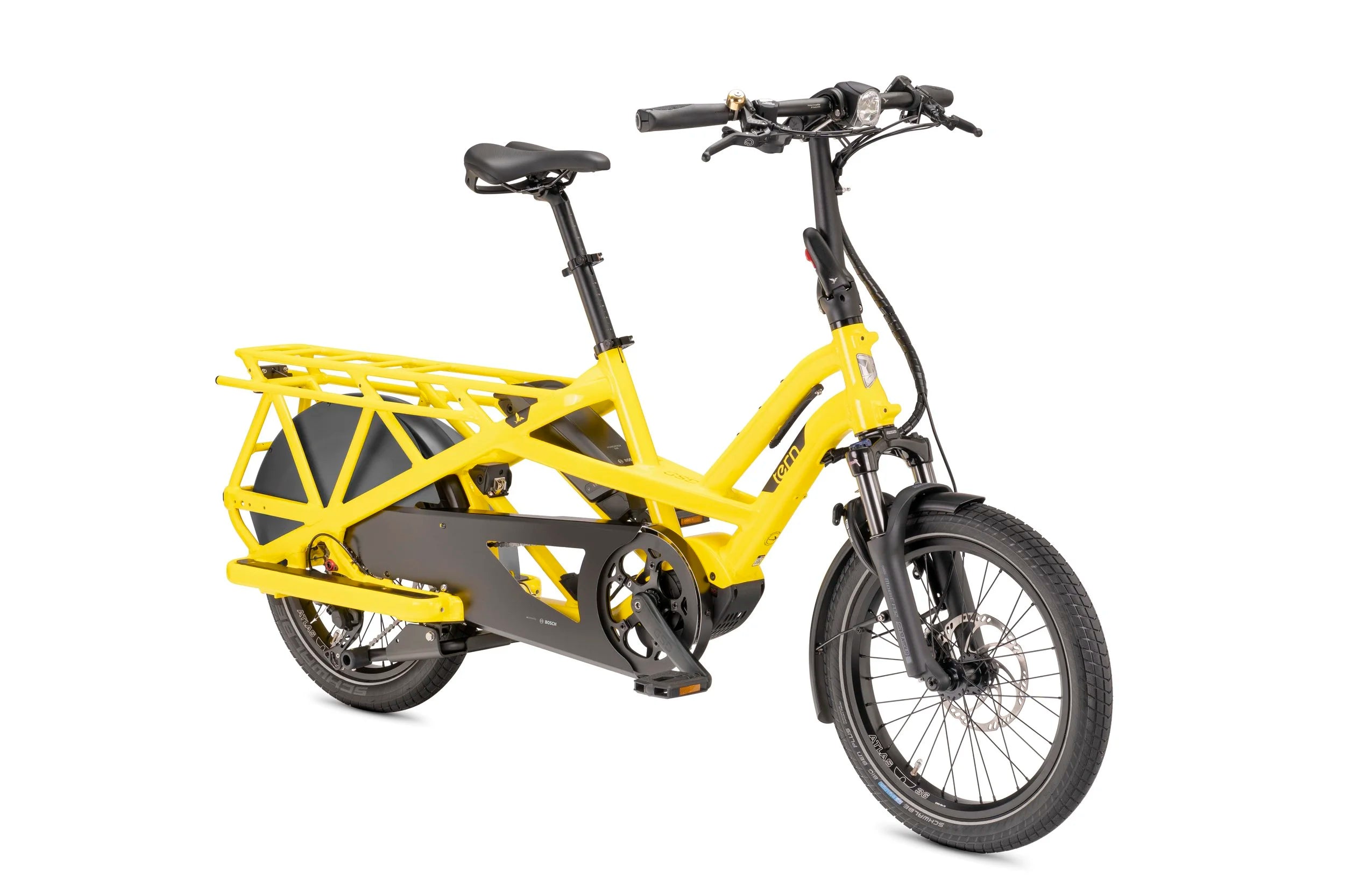 Yellow electric bike with a black frame on a white background