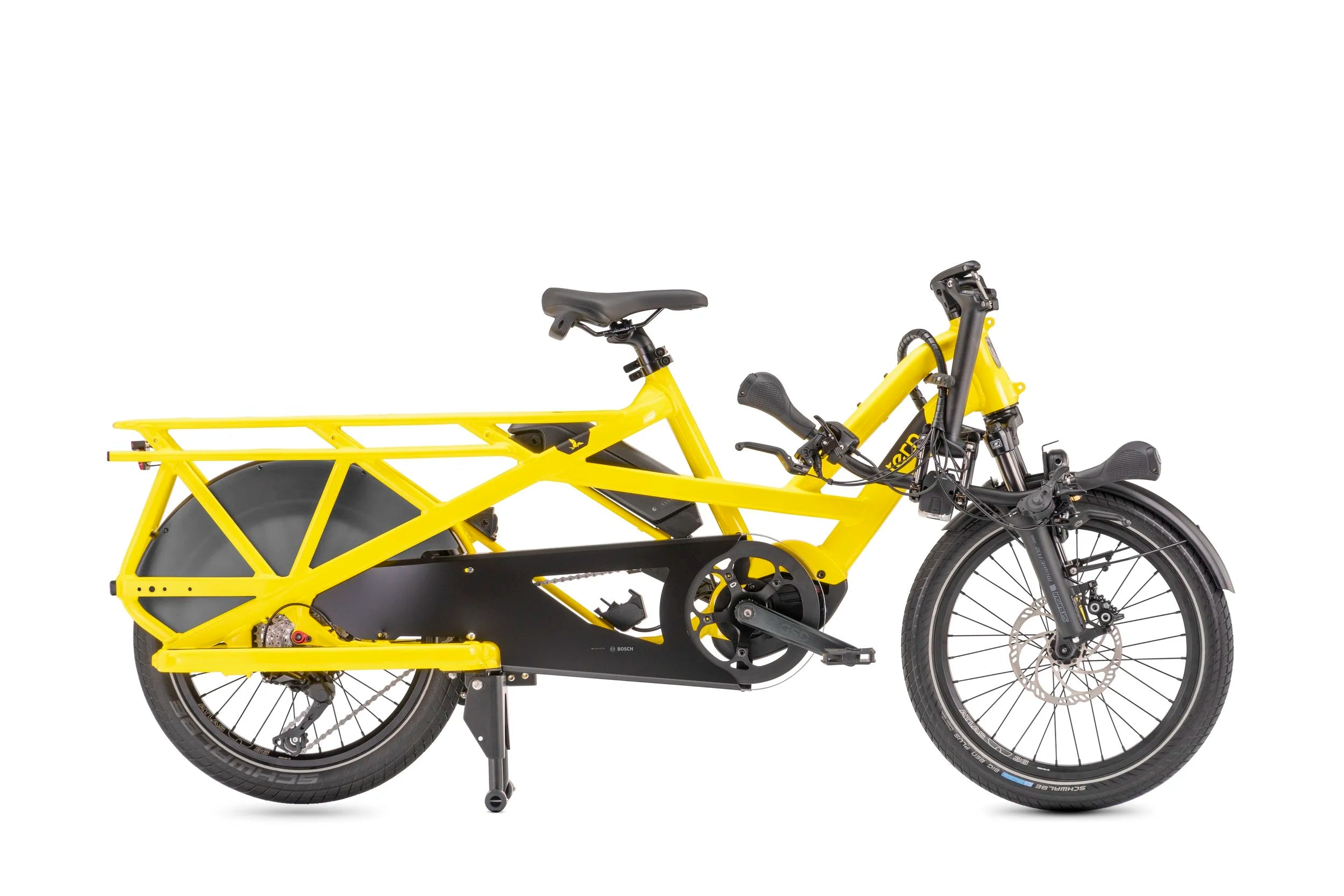 Yellow and black cargo bike on a white background