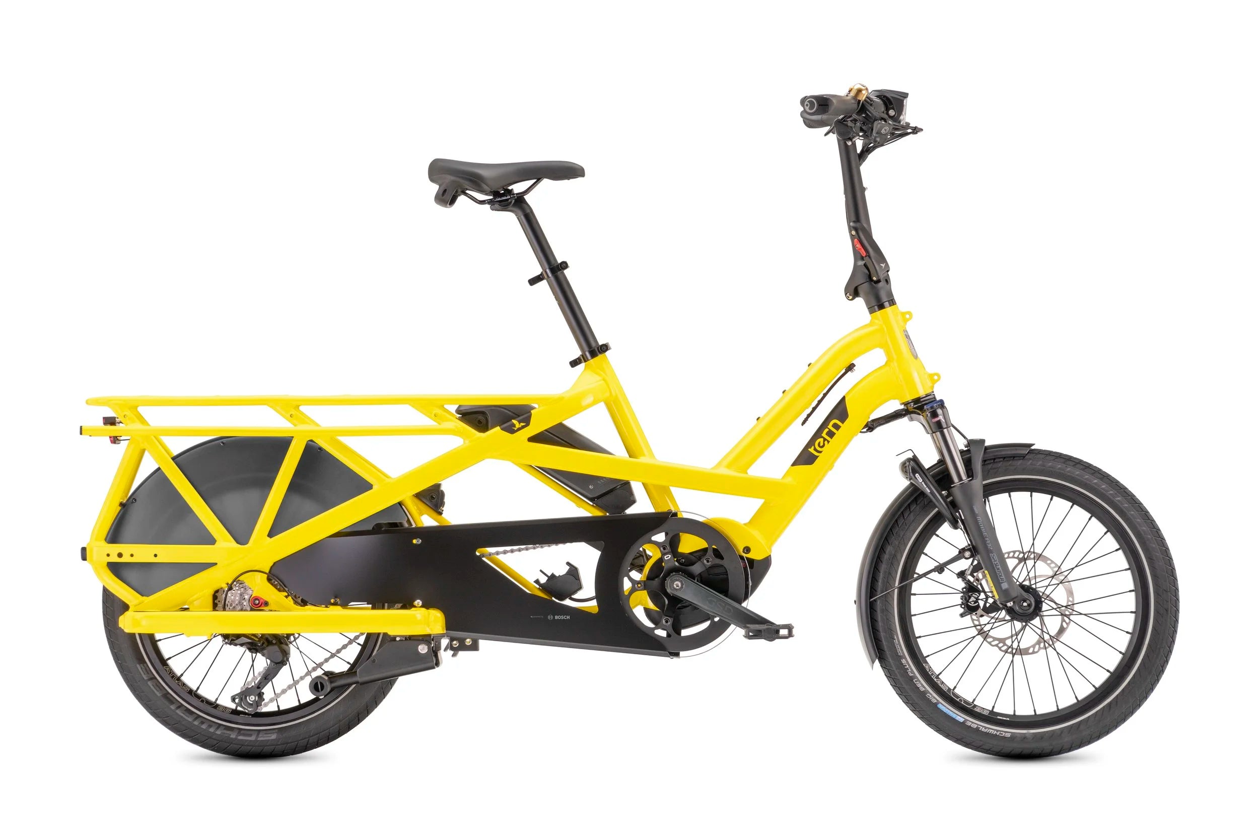 Yellow cargo bike on a white background