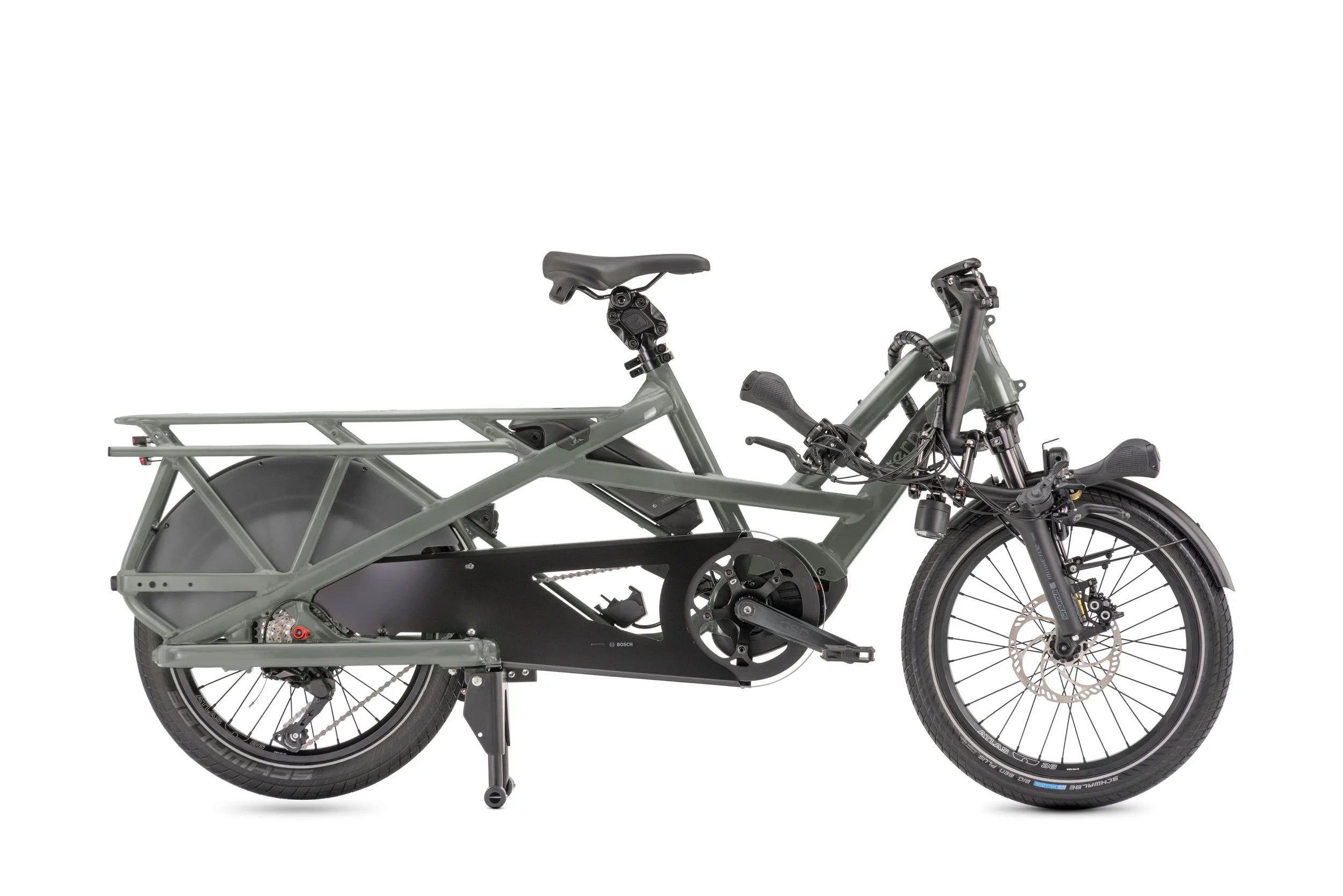 Sage color cargo bike with a large rear rack on a white background