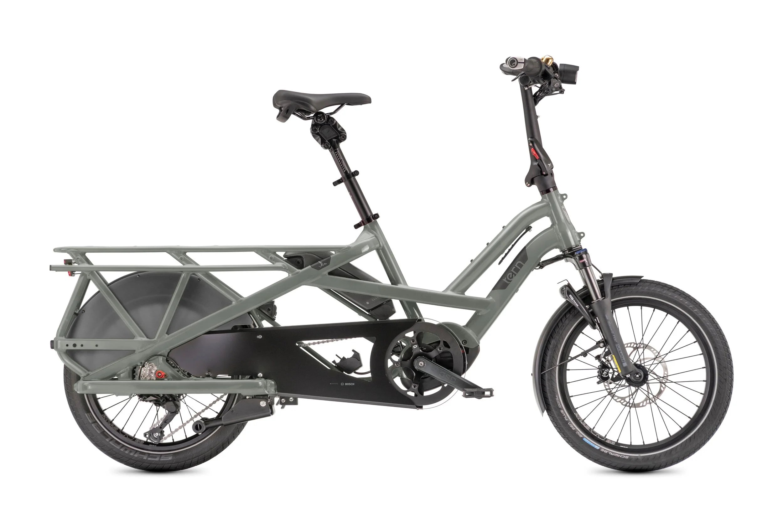 Gray Tern branded cargo bike on a white background