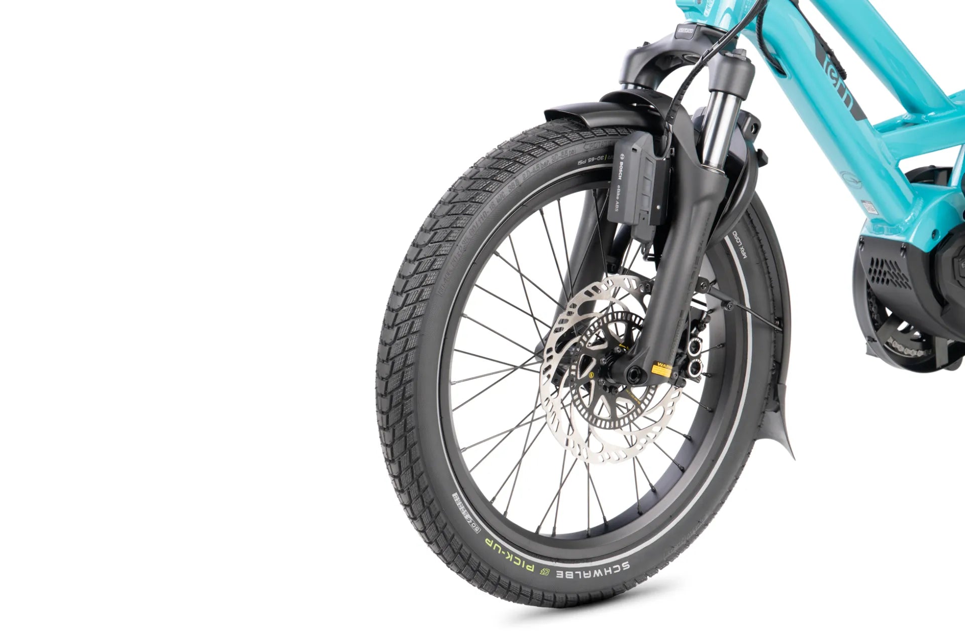 Close-up of a blue electric bike's front wheel and suspension system on a white background