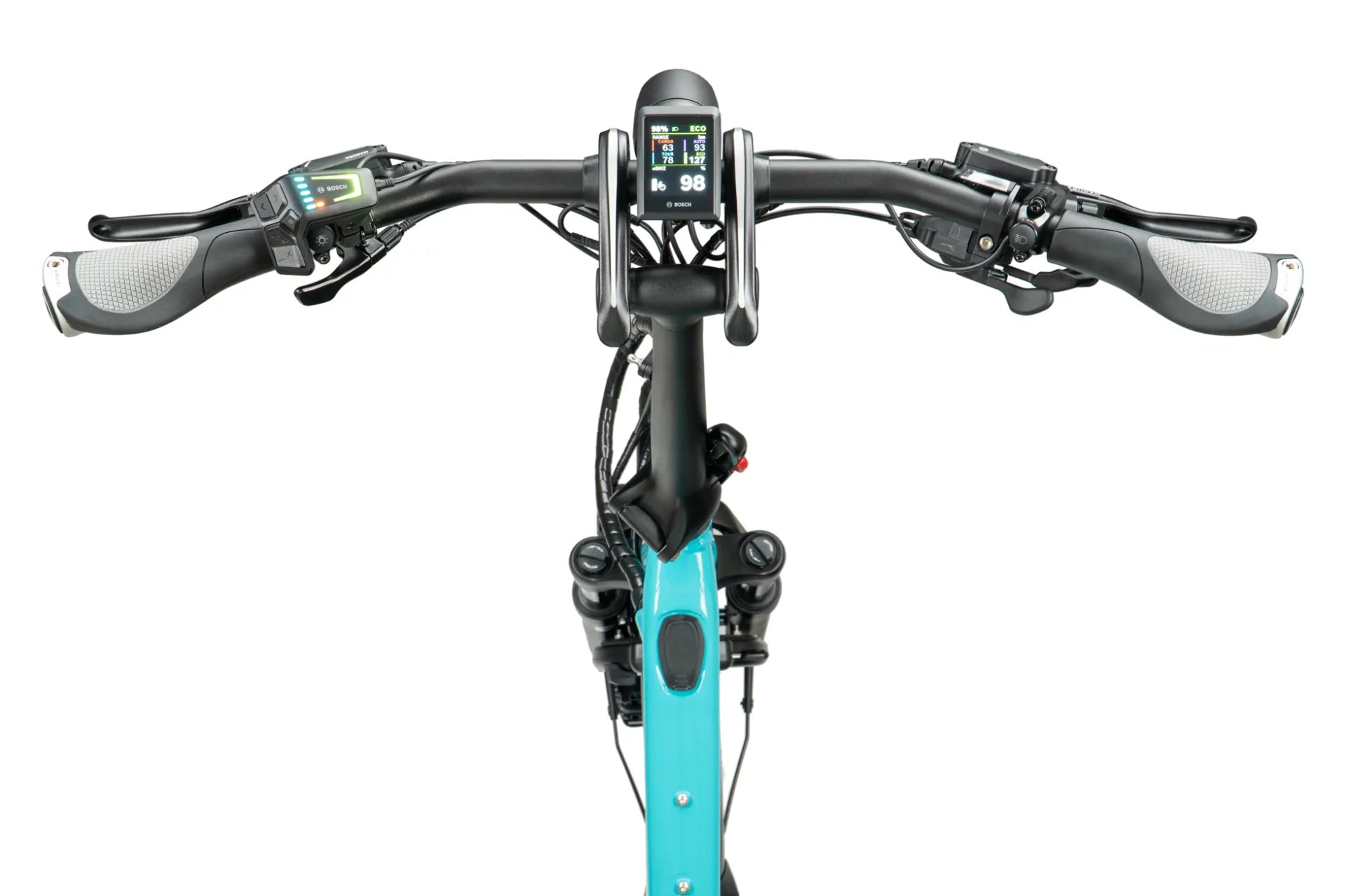 Close-up of a bicycle handlebar with controler on a white background