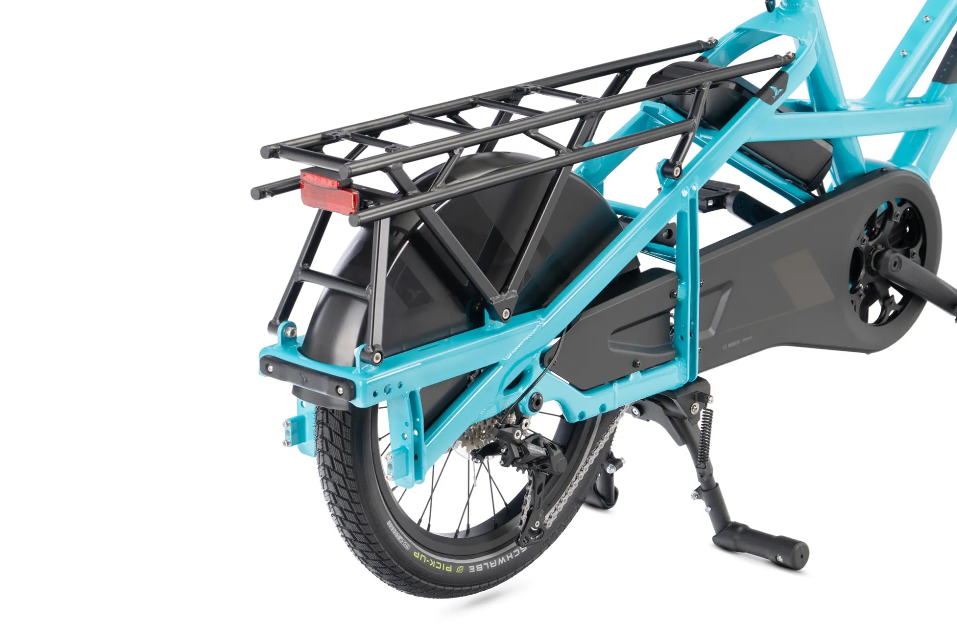 Blue cargo bike with a black rack on a white background